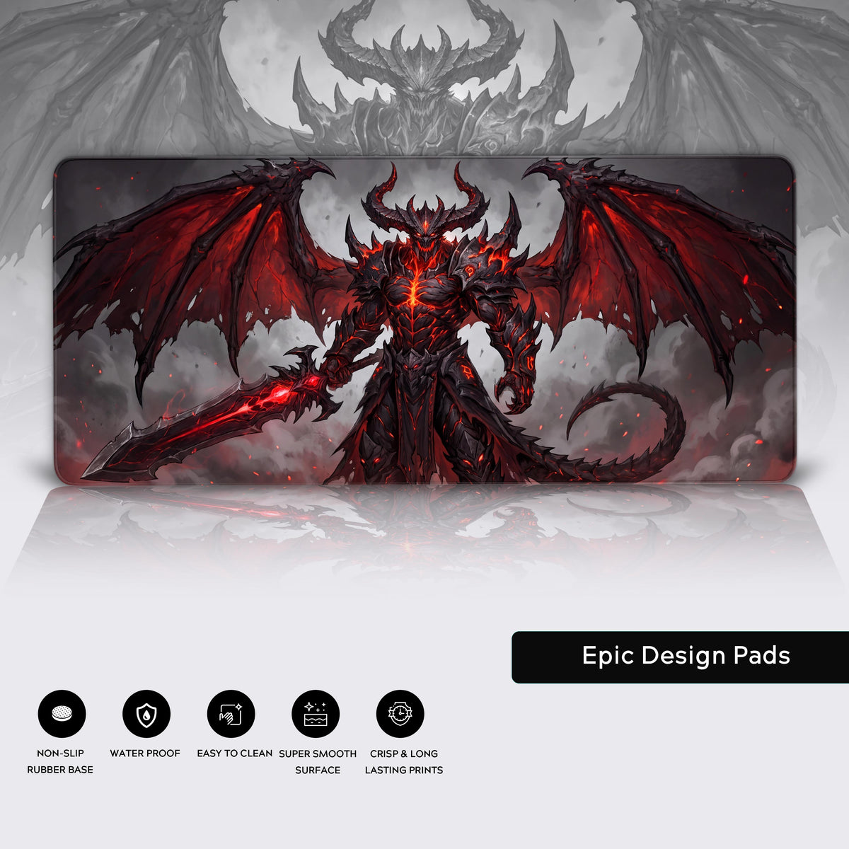 Full view of the infernal demon lord artwork with a faint shadowy monster silhouette looming in the background.