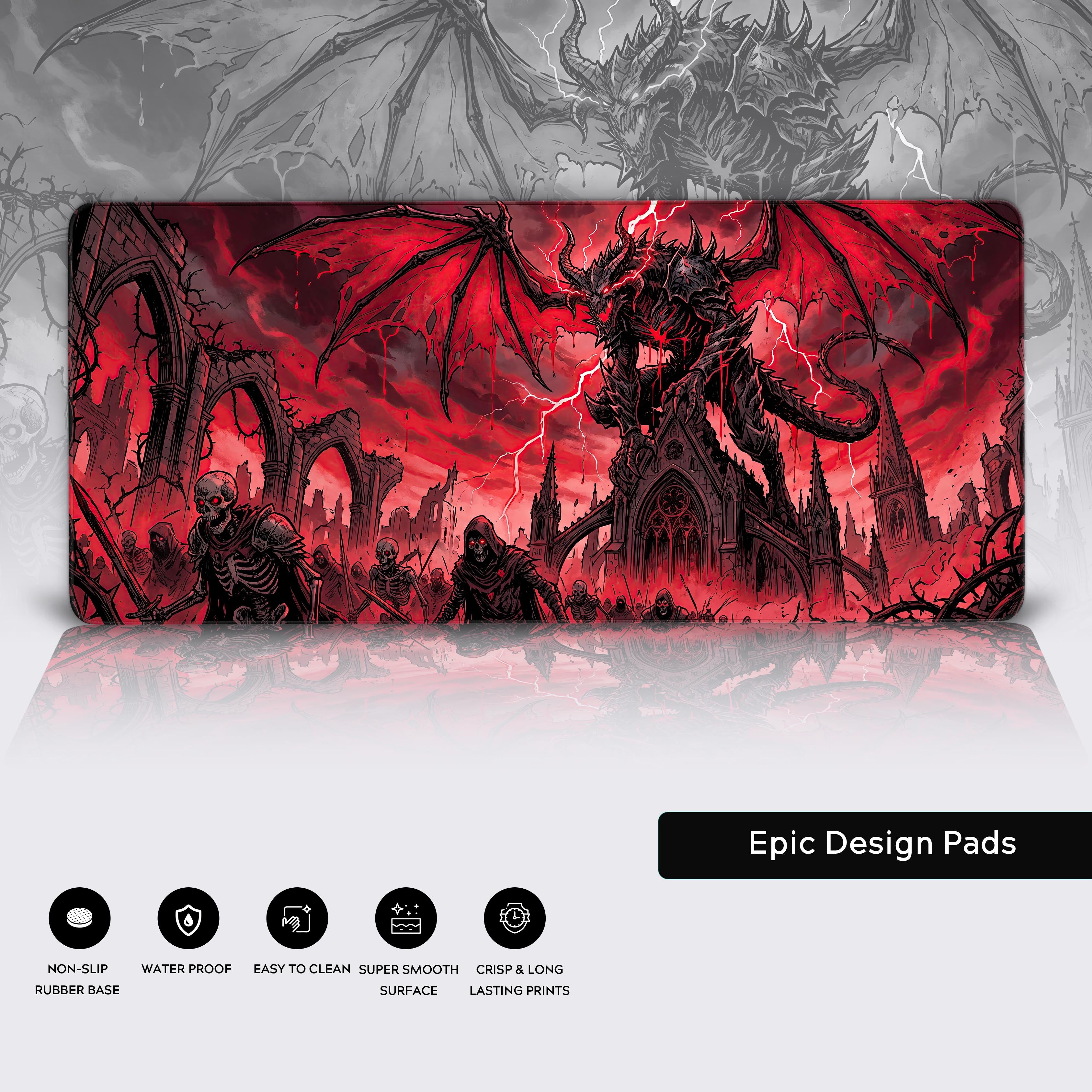 Flat view of the dark fantasy red and black gaming mouse pad showing the full apocalyptic gothic scene.