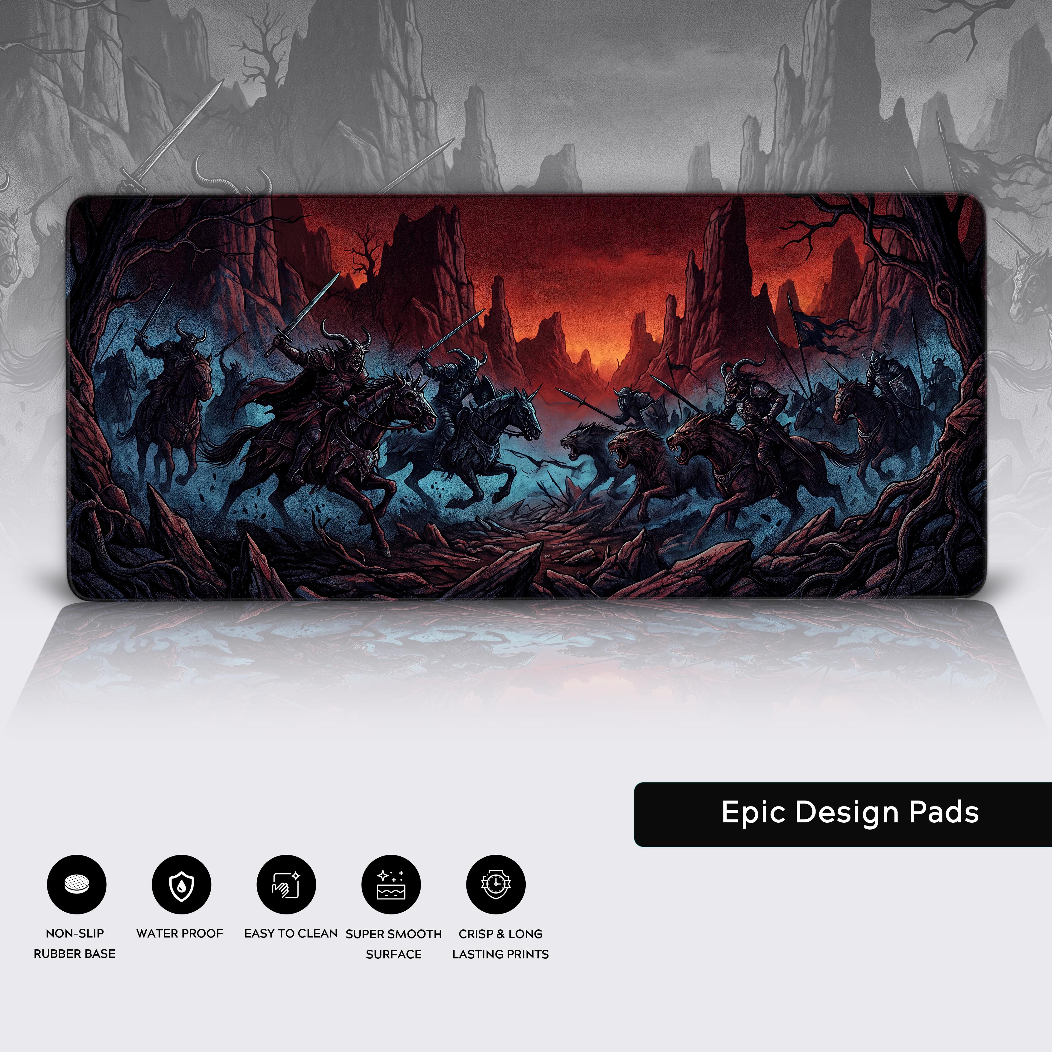 Product features of the dark fantasy desk mat showing icons for non-slip rubber base, waterproof, easy to clean, smooth surface, and crisp long-lasting prints.
