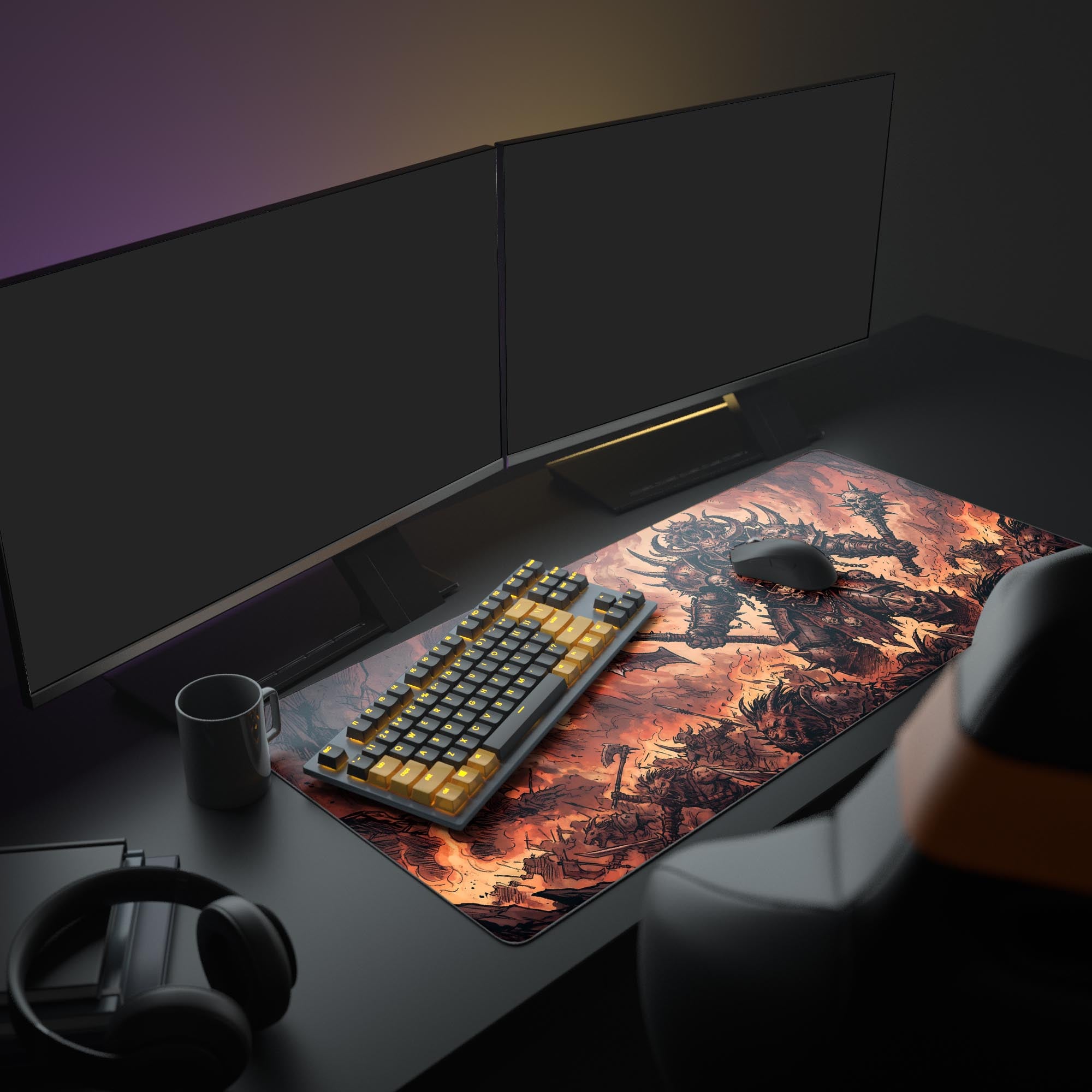 Close up of the ultra-smooth desk mat surface showing intricate demon skull armor and blazing fire artwork