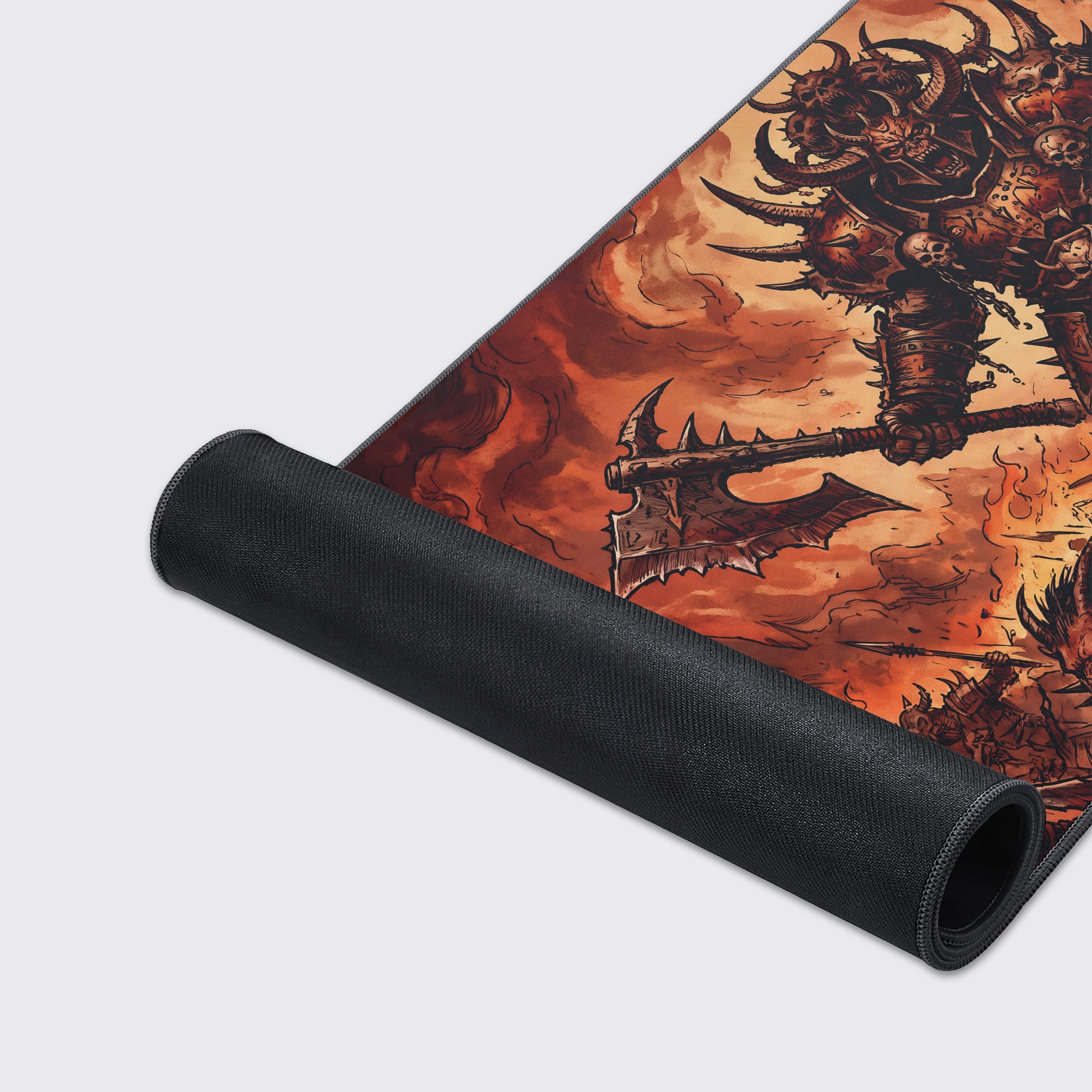 Durable non-slip rubber base of the large dark fantasy gaming mouse pad with product features icons