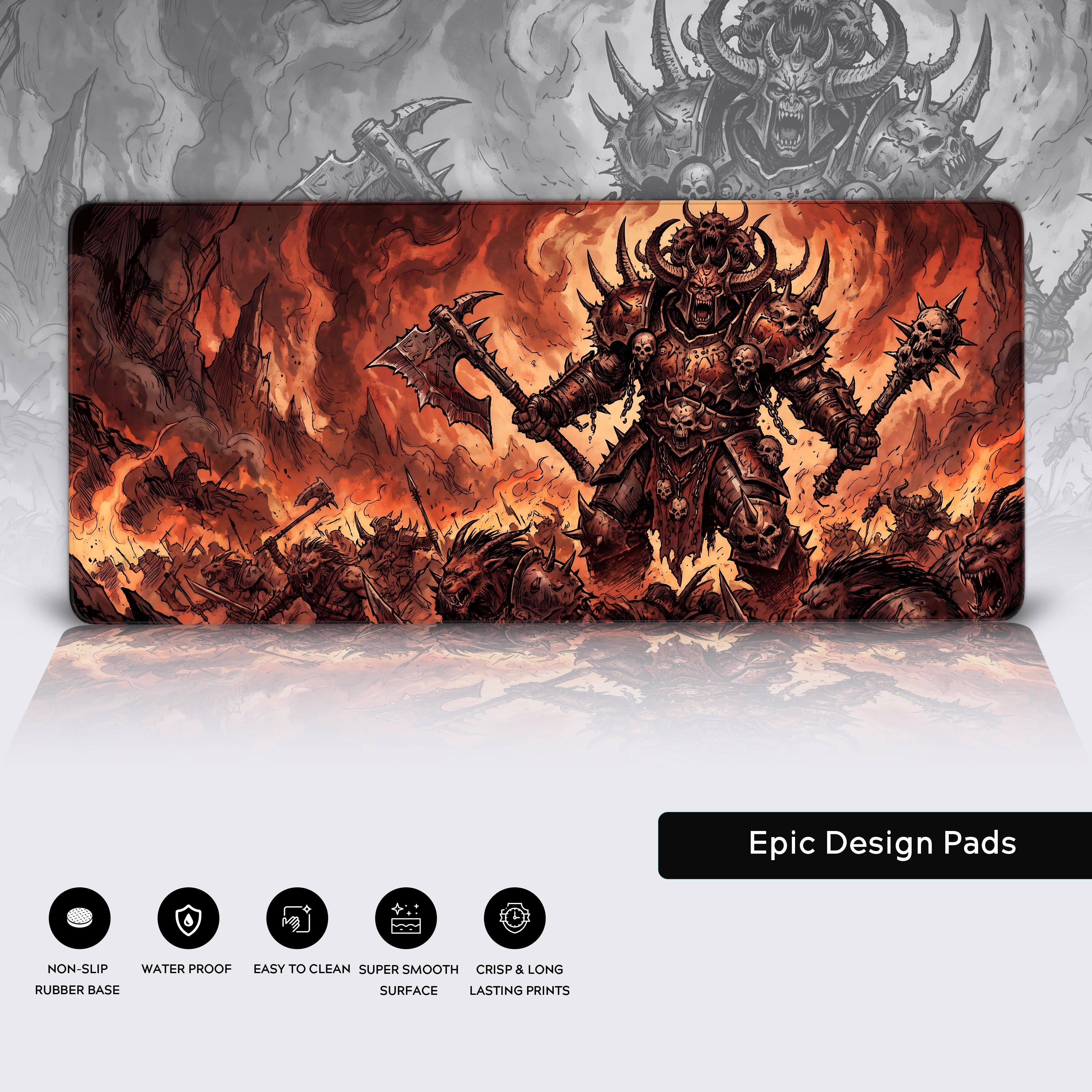 Epic dark fantasy gaming setup featuring the Hellfire Warlord desk mat in a fiery red and black aesthetic