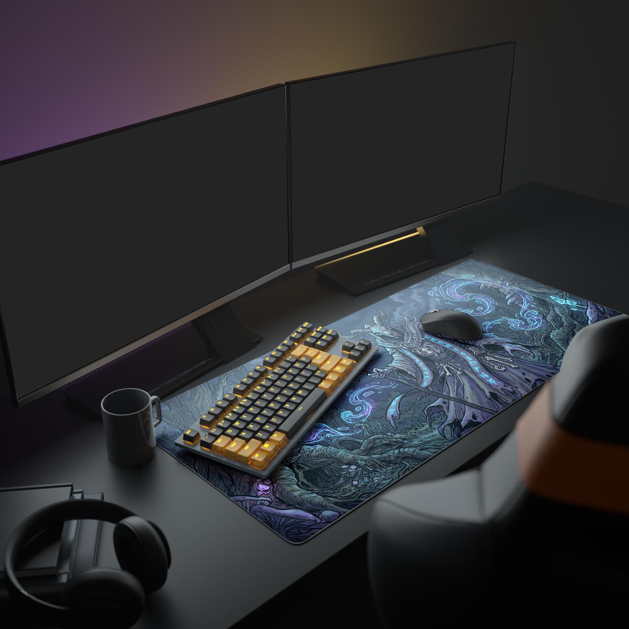 Close up of the crisp print on the Lunar Necromancer desk mat showing intricate glowing runes and magical swirls.