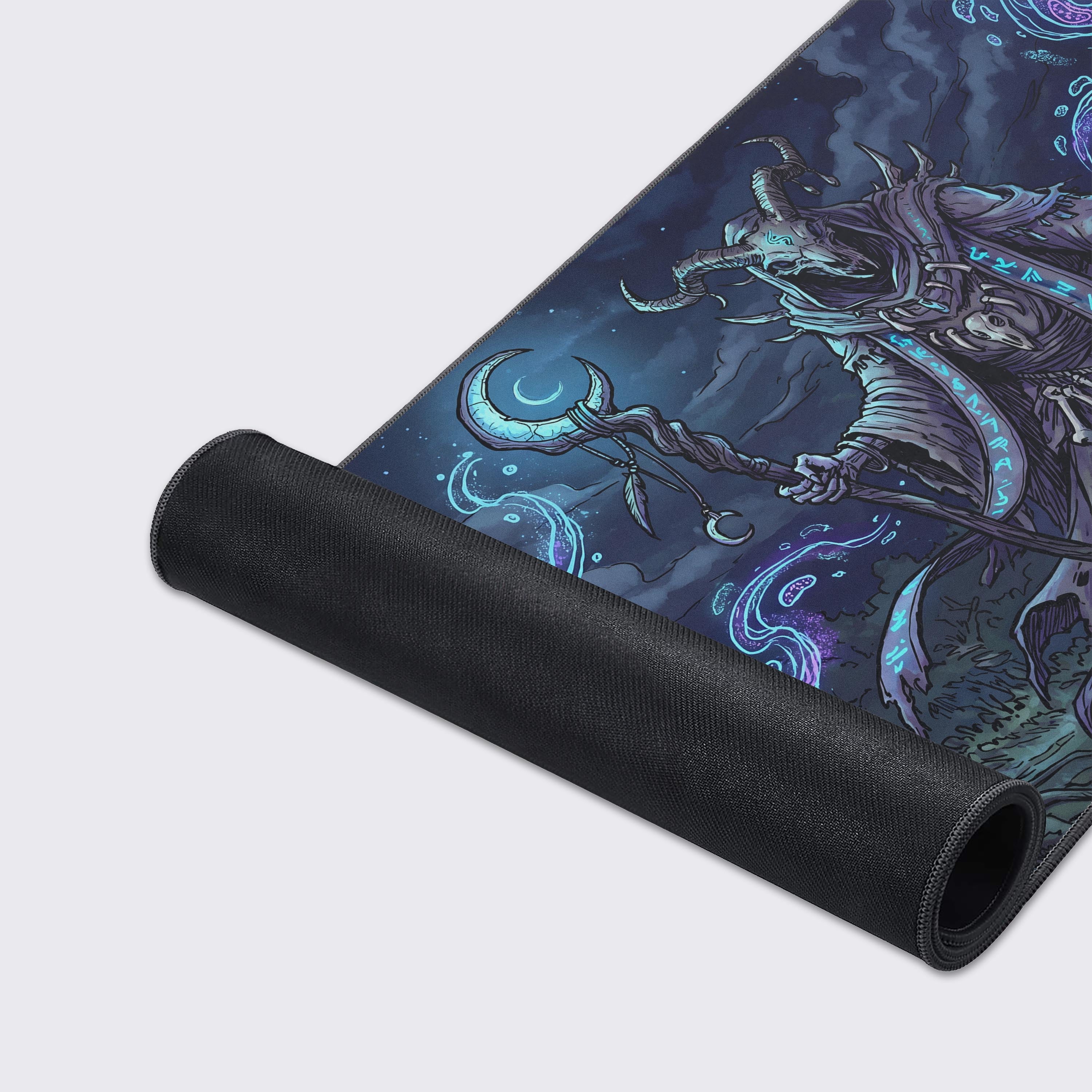 Product feature icons for the dark fantasy gaming mouse pad highlighting non-slip base, waterproof surface, and smooth glide.