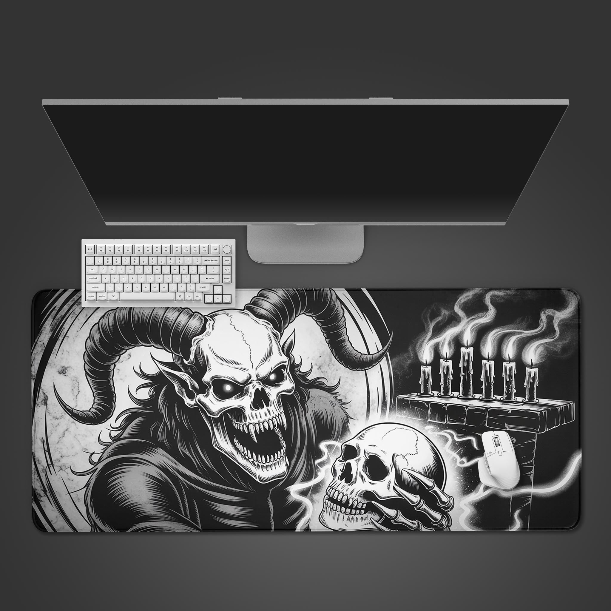 Gothic desk mat with demonic skull ritual design – desktop view with keyboard and mouse. - Epic Design Pads