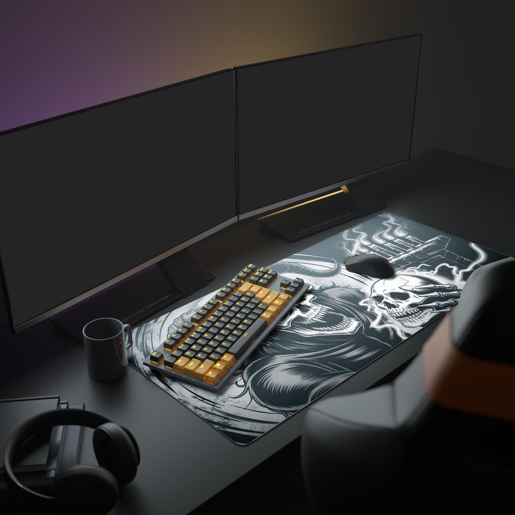 Demonic skull ritual desk mat in a mystic office setup with monitors and books. - Epic Design Pads