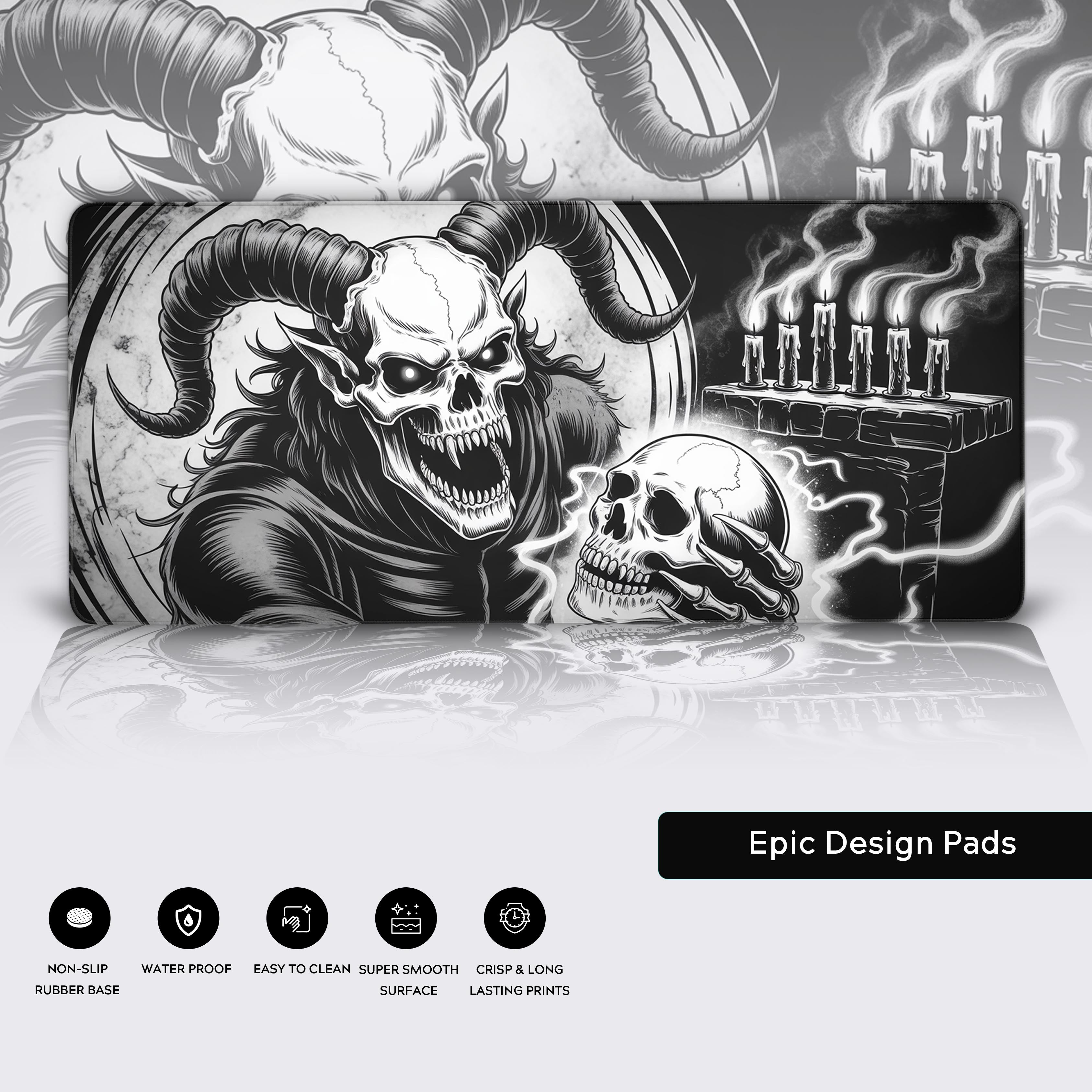 Demonic desk mat featuring detailed design and non-slip surface – showcased on a desktop. - Epic Design Pads