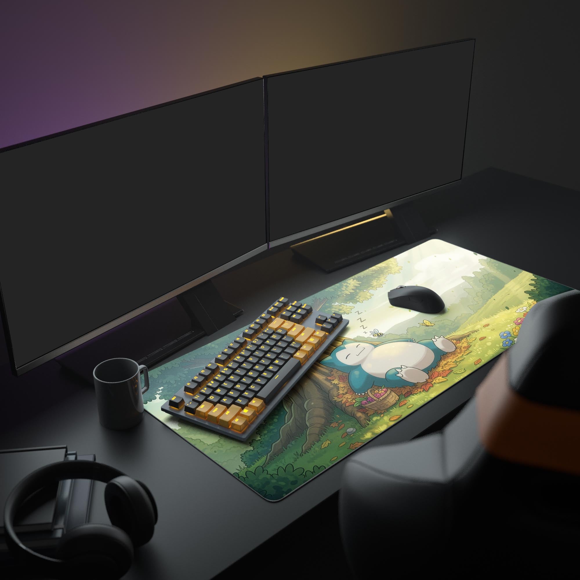 Gaming desk setup with keyboard, mouse, and large snorlax mouse pad in a dark room.