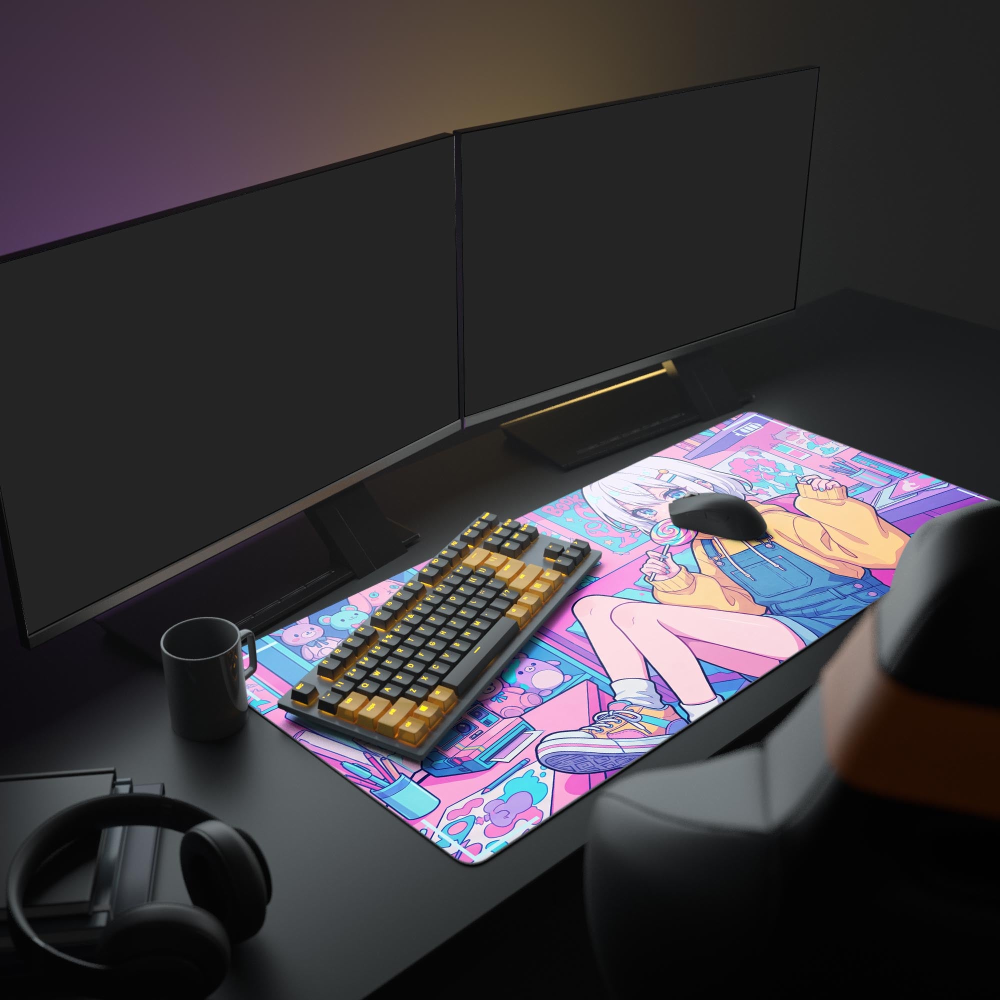 A vibrant gaming setup featuring the Digital Daydream XL Mouse Pad, with dual monitors, an RGB keyboard, and a white gaming mouse creating a cohesive kawaii aesthetic. - Epic Design Pads & Mousepads