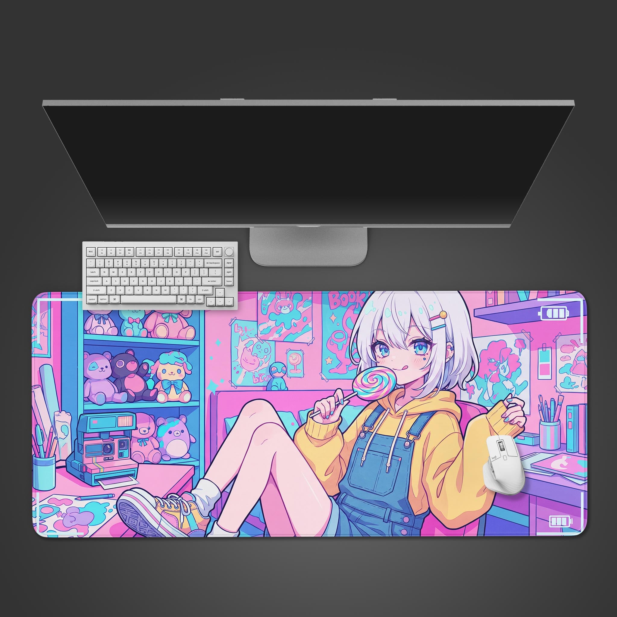 The Digital Daydream anime Gaming Desk Mat displayed on a desk with a sleek monitor, a compact white keyboard, and a mouse, showcasing the full pastel illustration. - Epic Design Pads & Mousepads