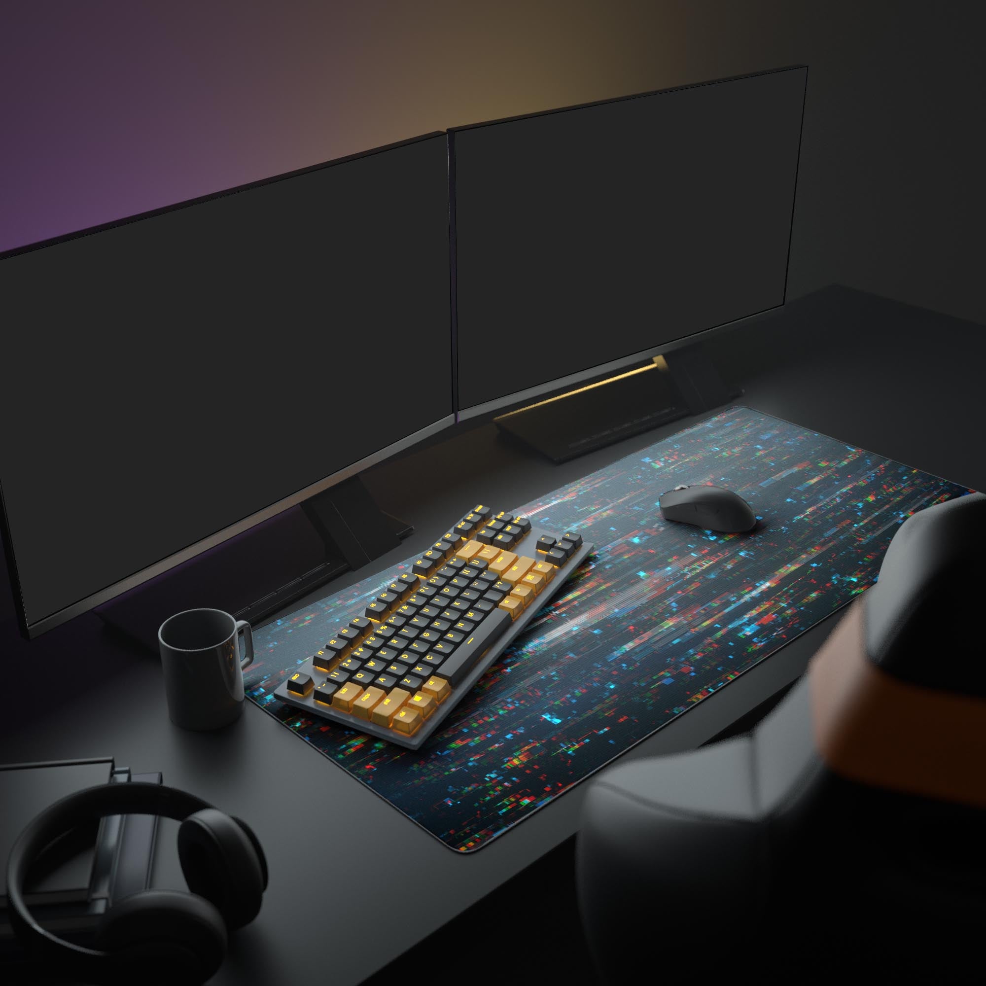 Large Digital Glitch gaming mouse pad in a full tech setup with dual monitors, a mechanical keyboard, and headphones. - Epic Design Pads