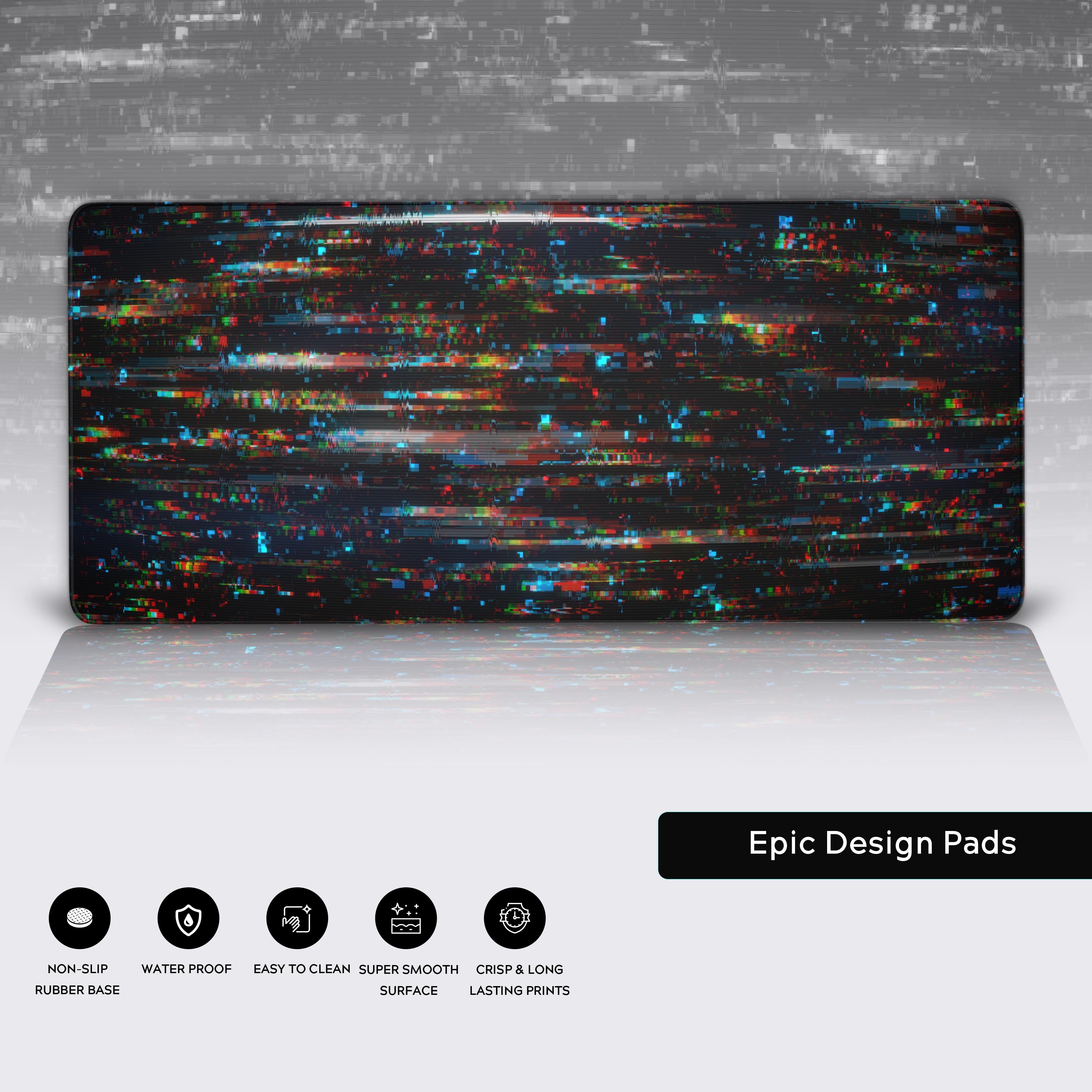 Close-up of the Digital Glitch desk mat showing the high-quality stitched edges, water-resistant surface, and non-slip rubber base. - Epic Design Pads