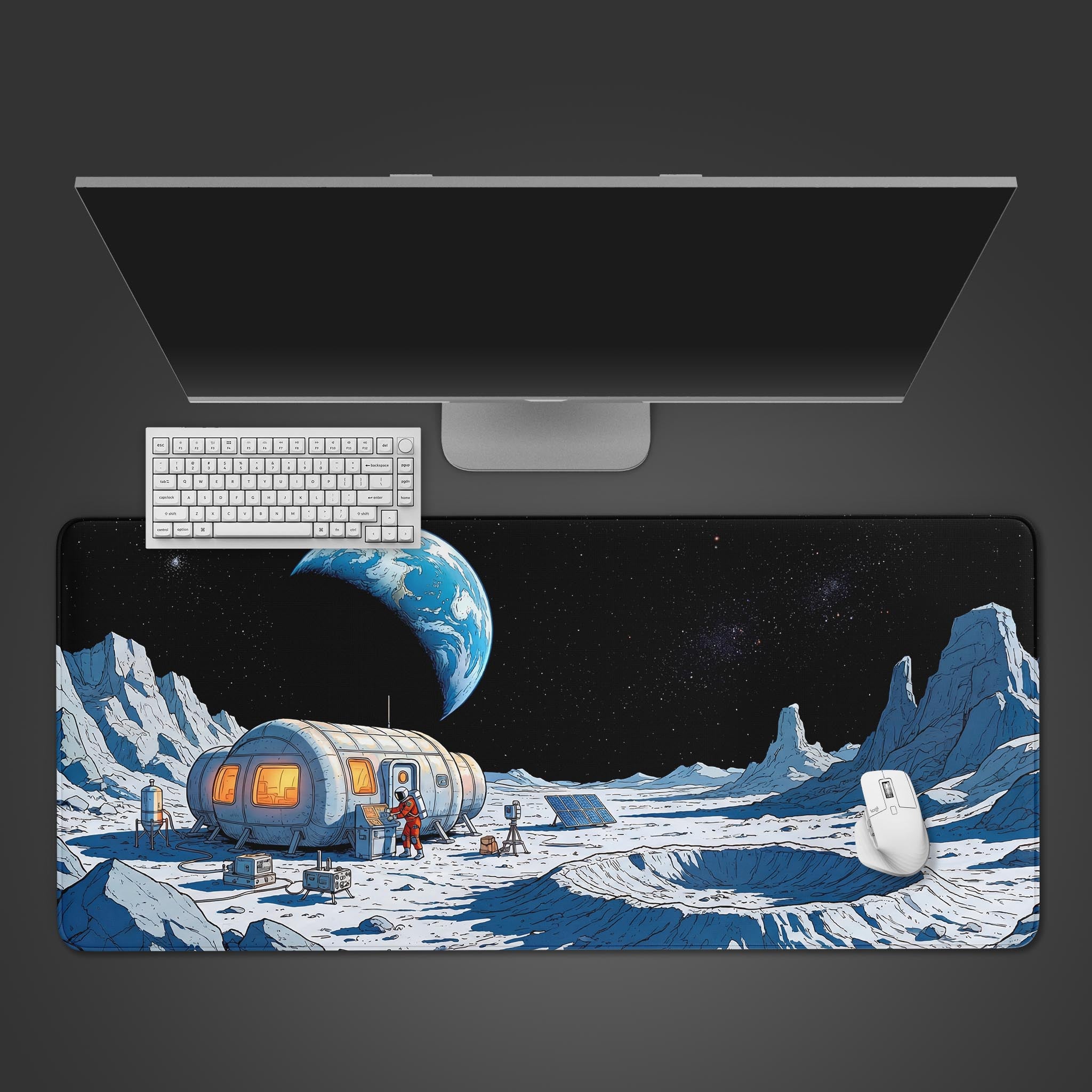 The Distant Outpost Gaming Desk Mat shown from a top-down view with a white keyboard and mouse, showcasing its large surface area and detailed astronaut design. - Epic Design Pads & Mousepads