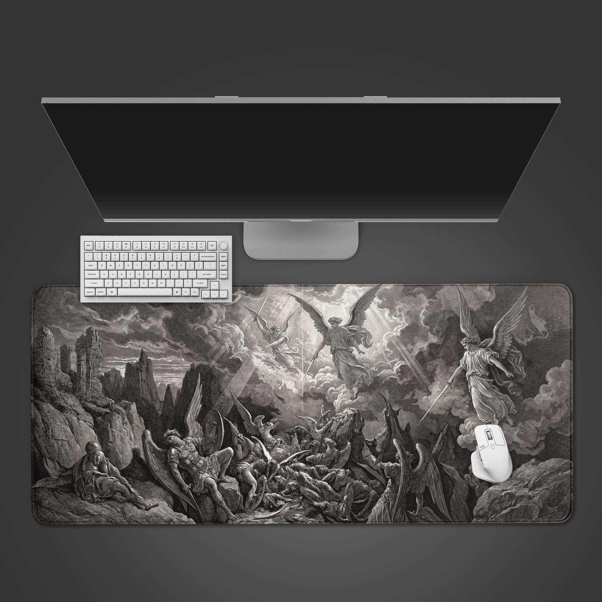 A top-down view of the Divine Conflict gaming desk mat, featuring a monochrome 'War in Heaven' design with a white keyboard and mouse on a dark gray surface. - Epic Design Pads & Mousepads