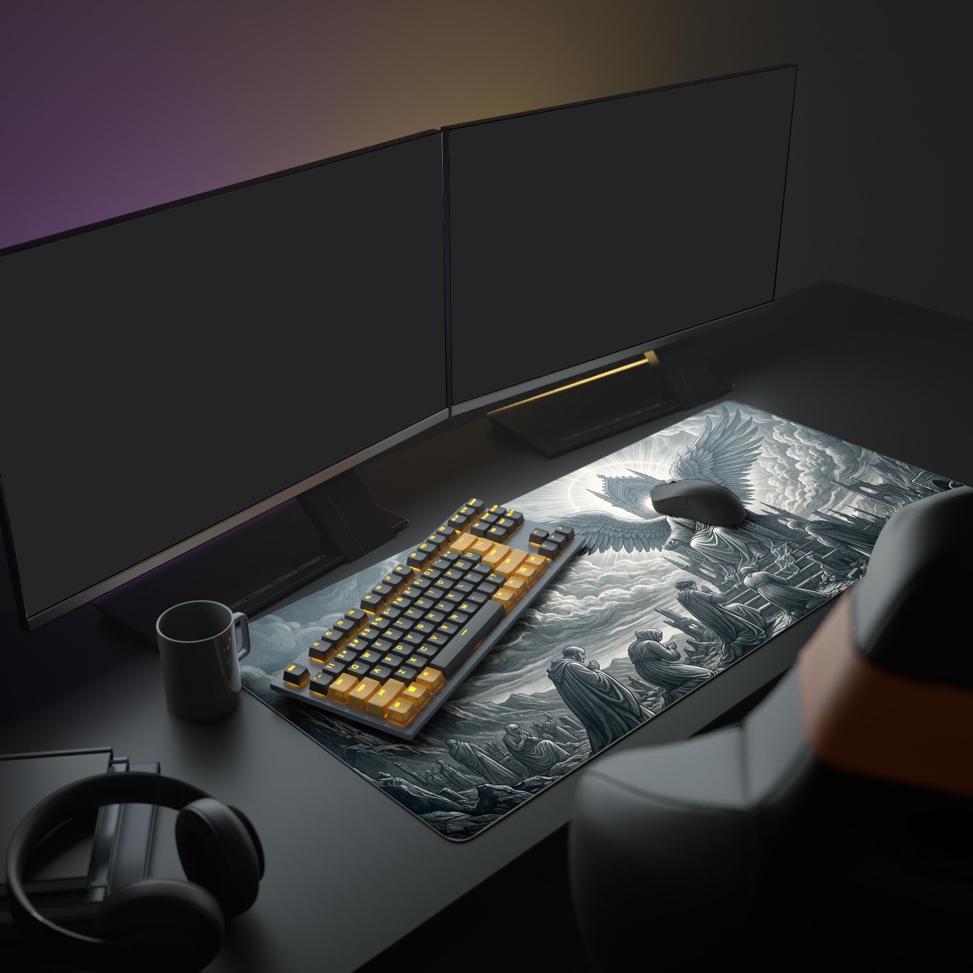 Large Divine Judgment art desk mat in a full desk setup with dual monitors, keyboard, and headphones. - Epic Design Pads & Mousepads