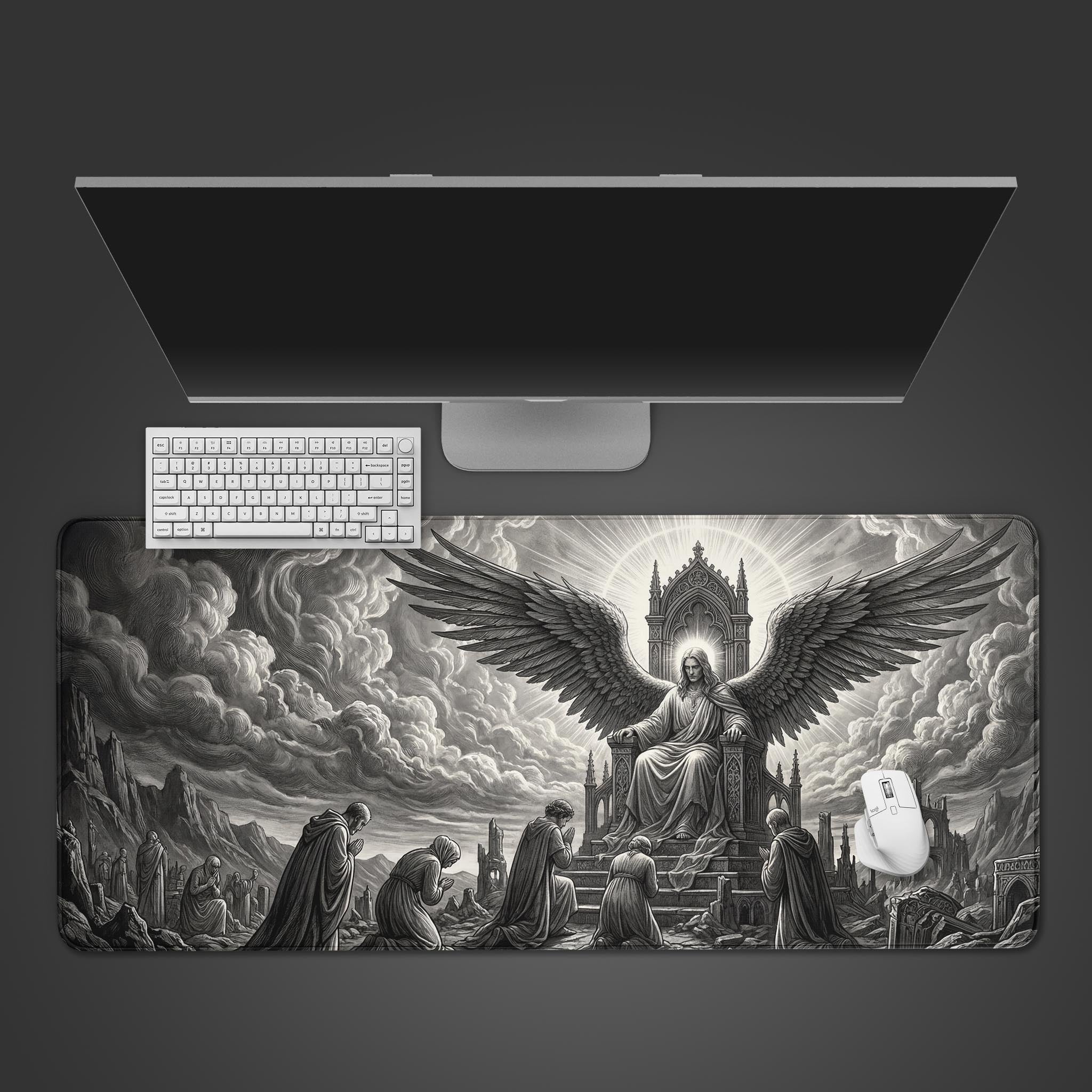 Divine Judgment desk mat with classical angel art – top-down view on a desk with a keyboard and mouse. - Epic Design Pads & Mousepads
