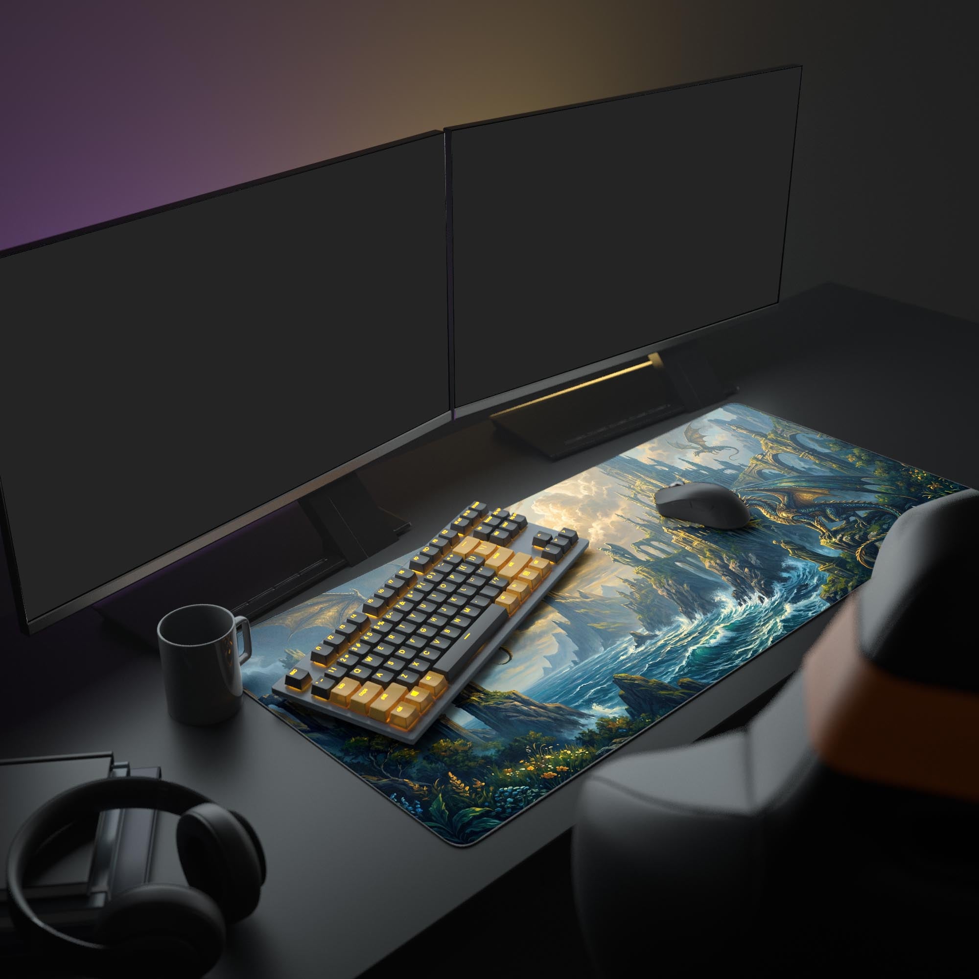 Close up of the intricate fantasy castle architecture and crashing ocean waves on a gaming mouse pad