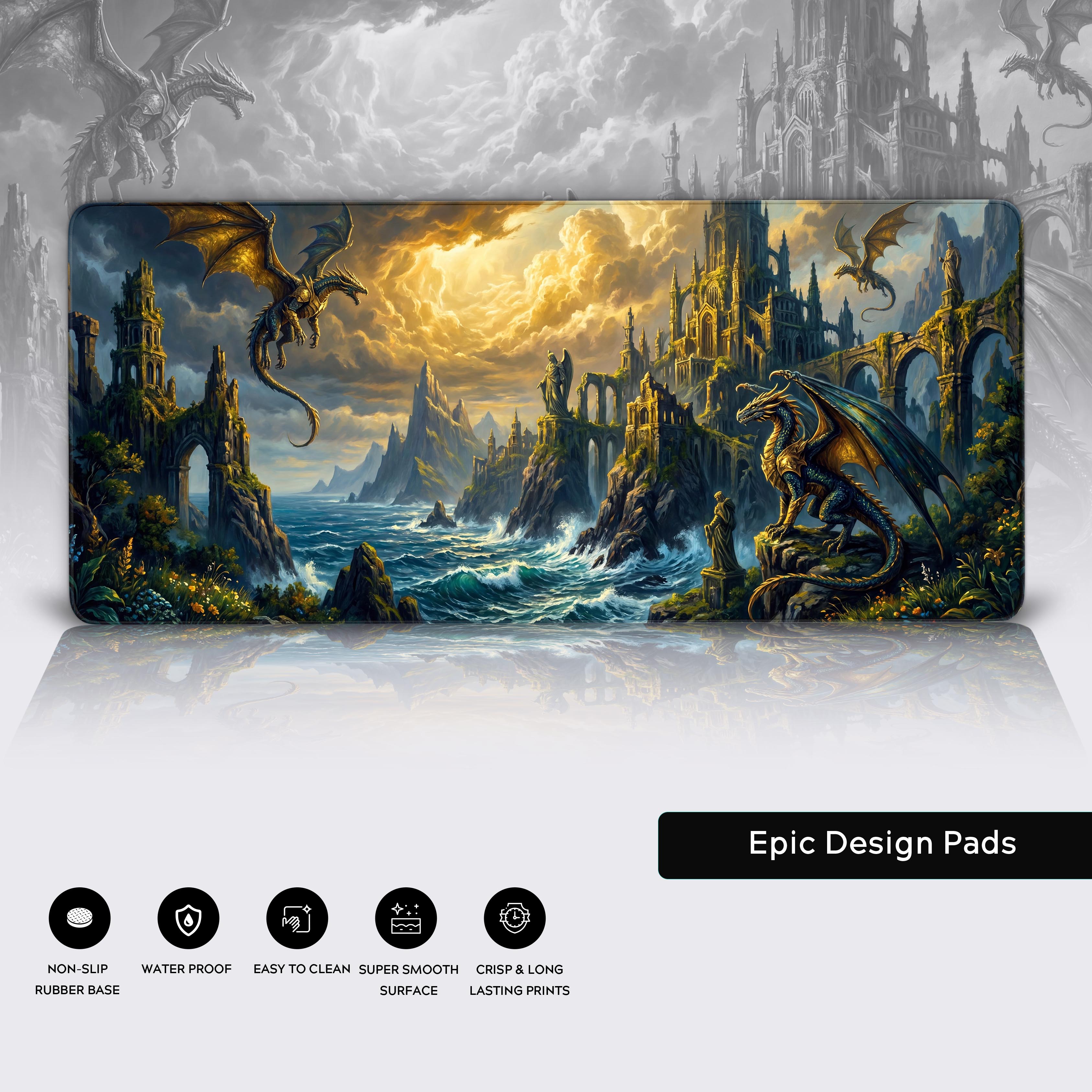 Epic Design Pads logo and vibrant golden sky details on a high-quality large desk mat