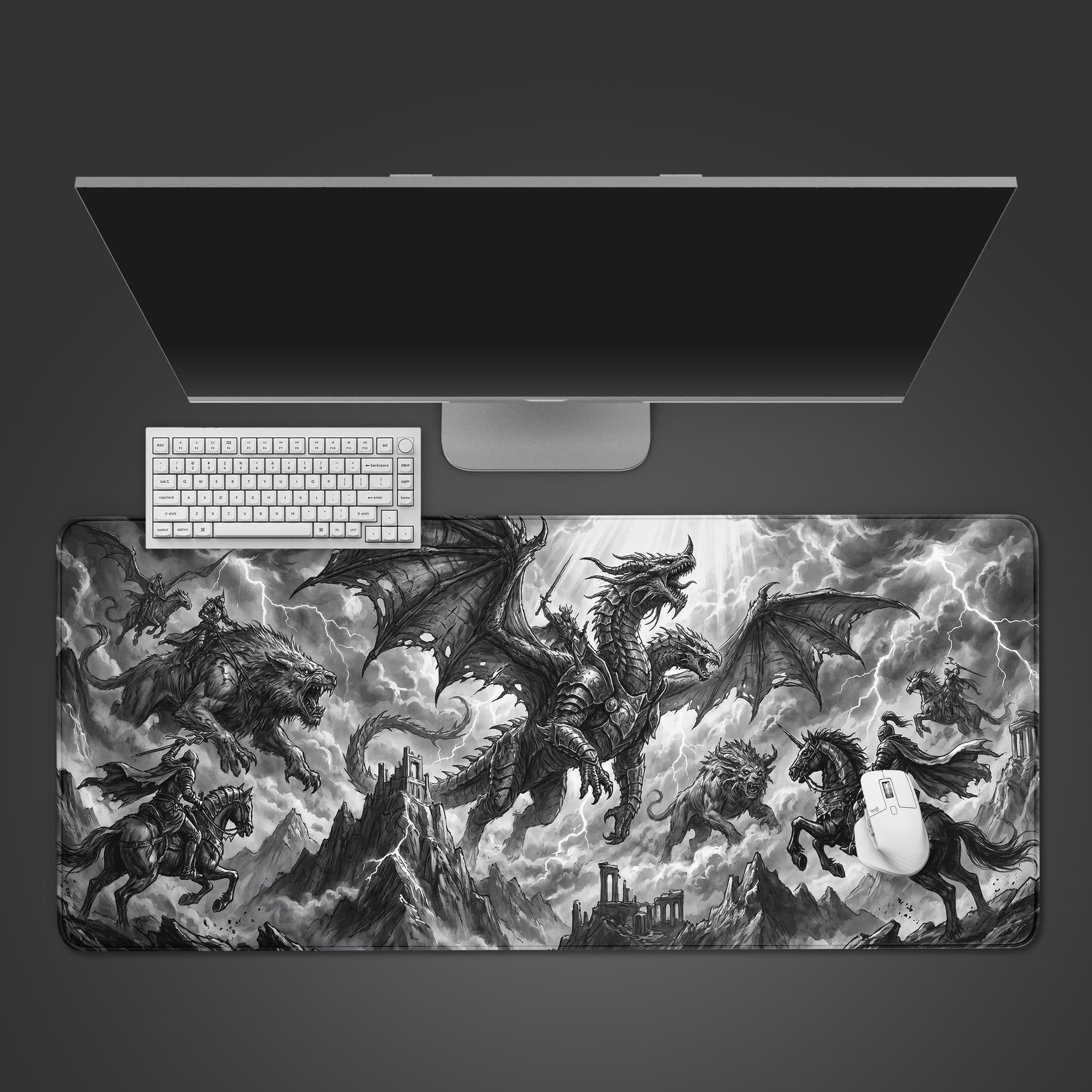 Epic dark fantasy dragon battle desk mat featuring knights and lightning