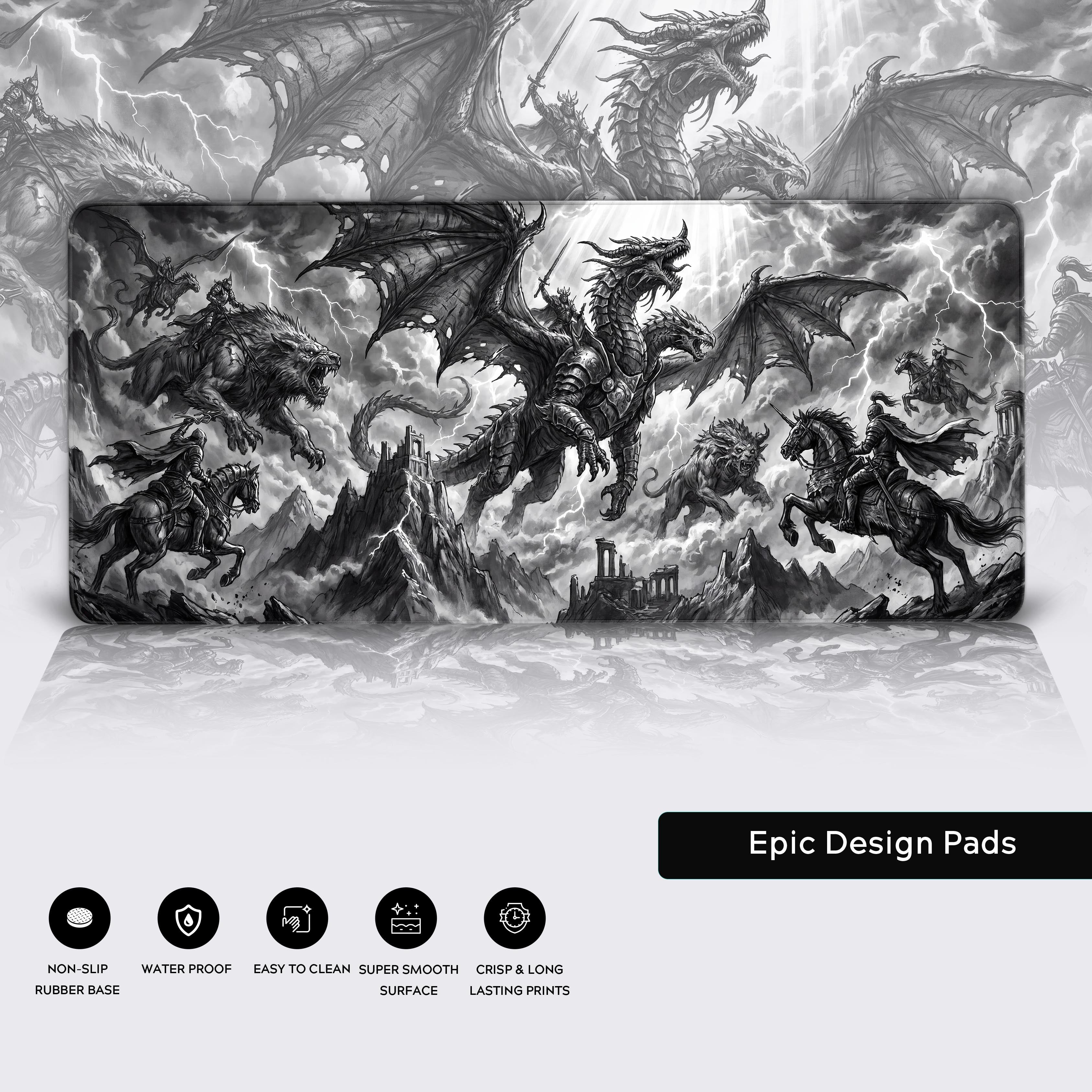 Durable waterproof desk pad showcasing mythical beasts and castle ruins
