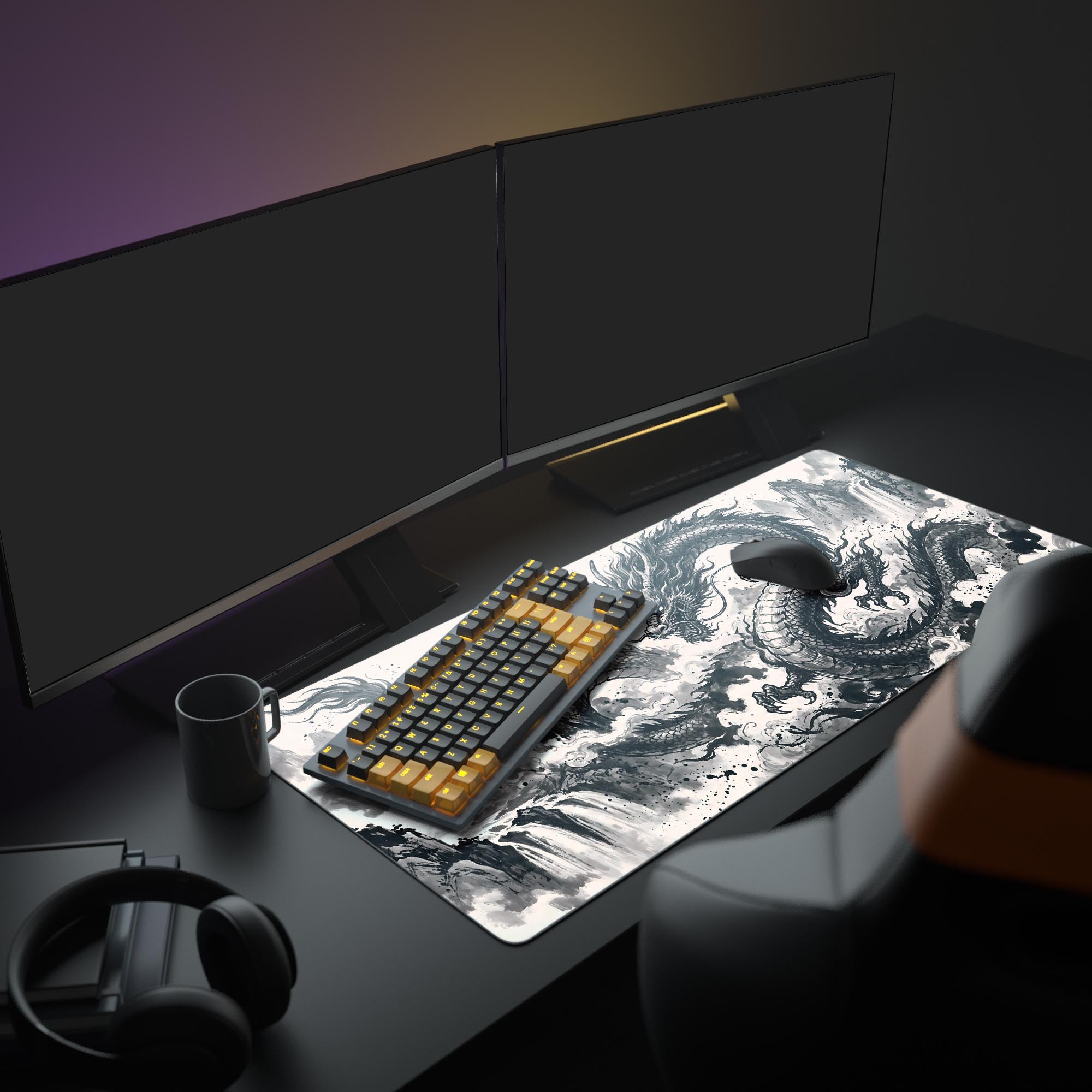Close up of the traditional Chinese Inkfall Dragon art on a smooth gaming mouse pad surface.