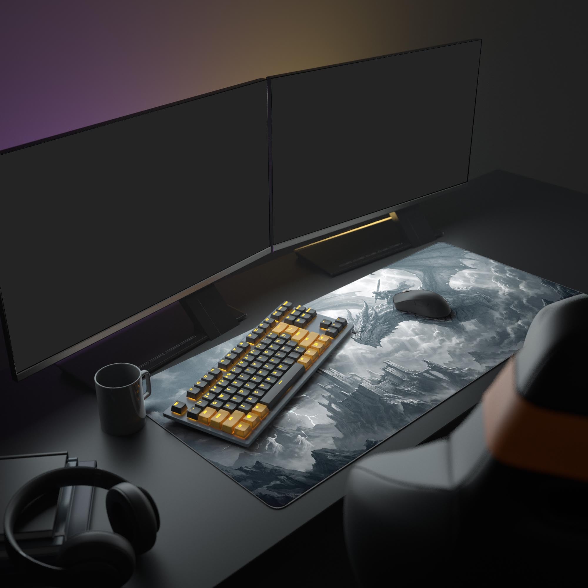 Close-up of the highly detailed grayscale dragon and knight artwork on the extended mouse pad