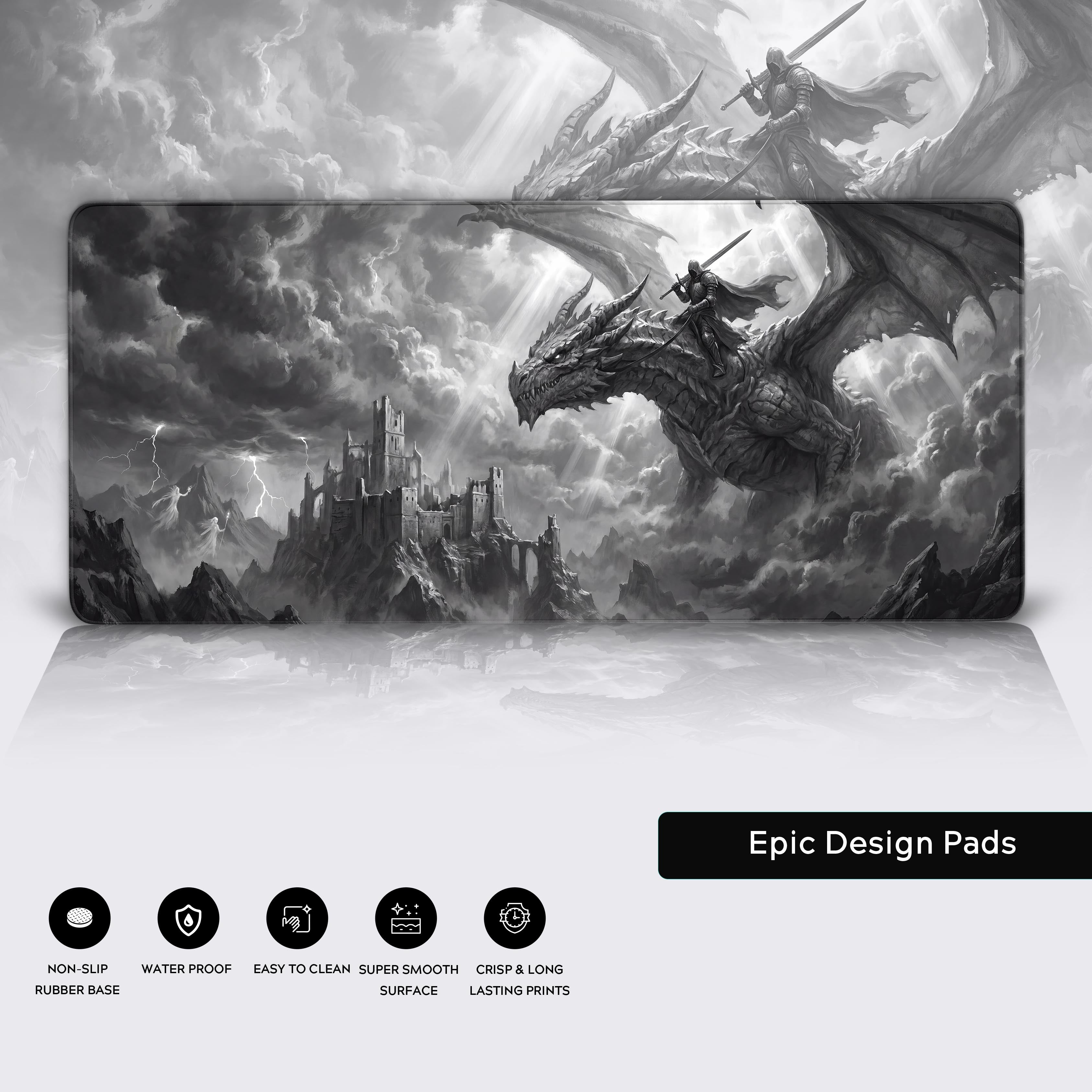 Large gaming mouse pad with black and white storm clouds, lightning, and medieval fortress