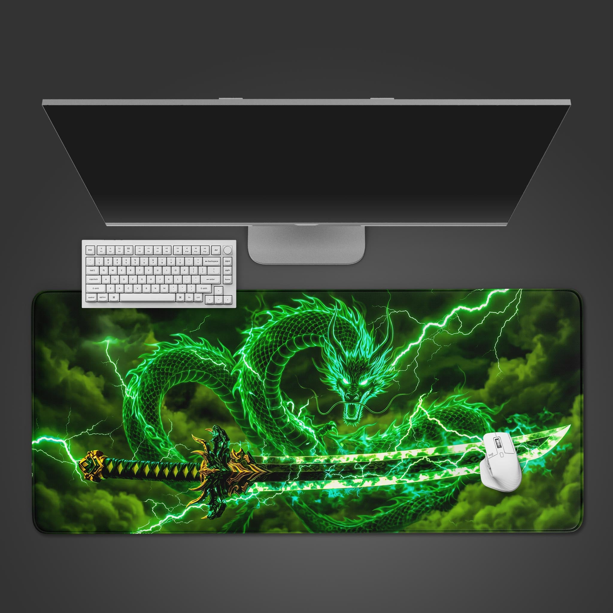 Desk mat featuring a glowing neon green dragon and a katana sword emitting lightning against a stormy background.