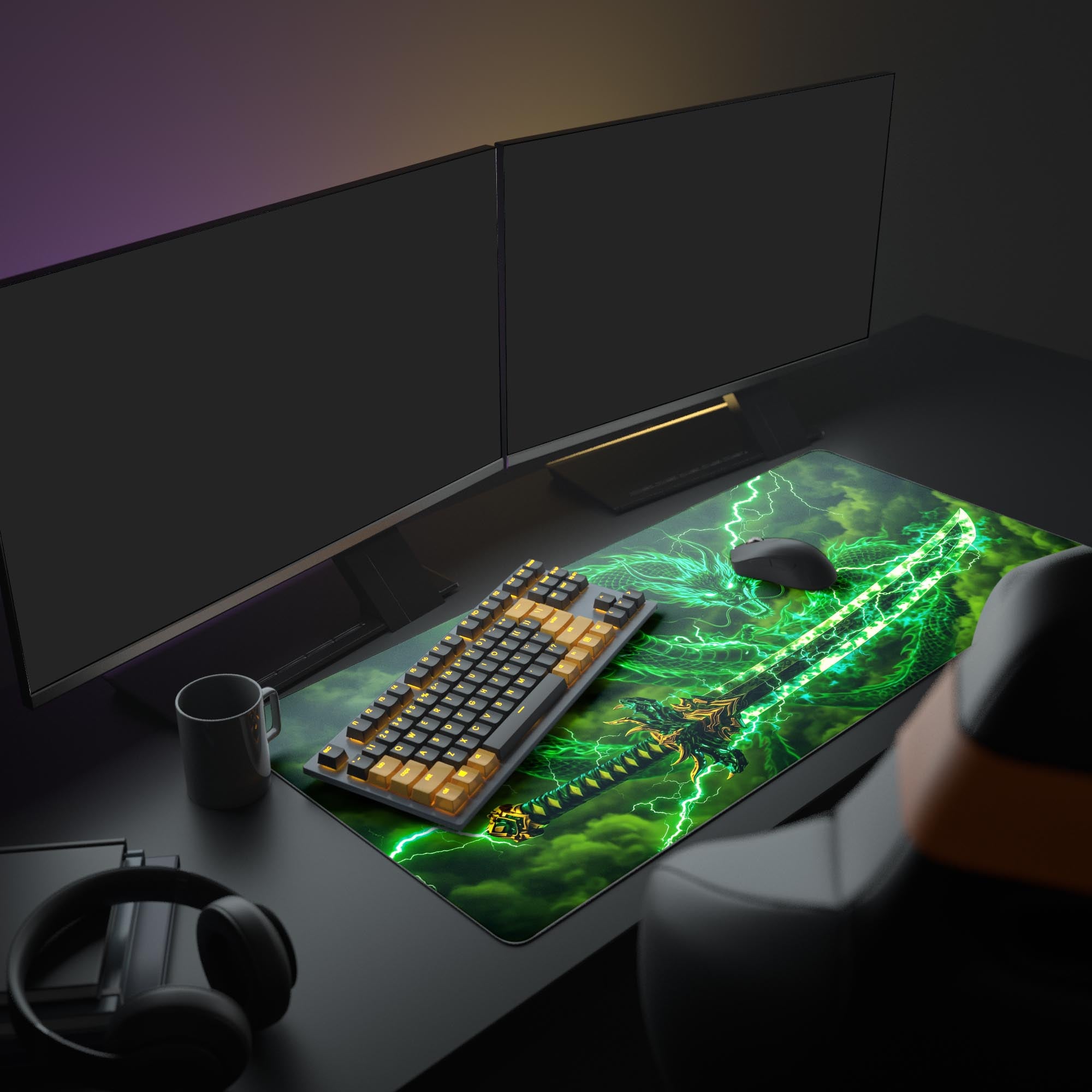 Detailed view of the ornate gold sword hilt and the dragon's glowing green scales on the desk mat.