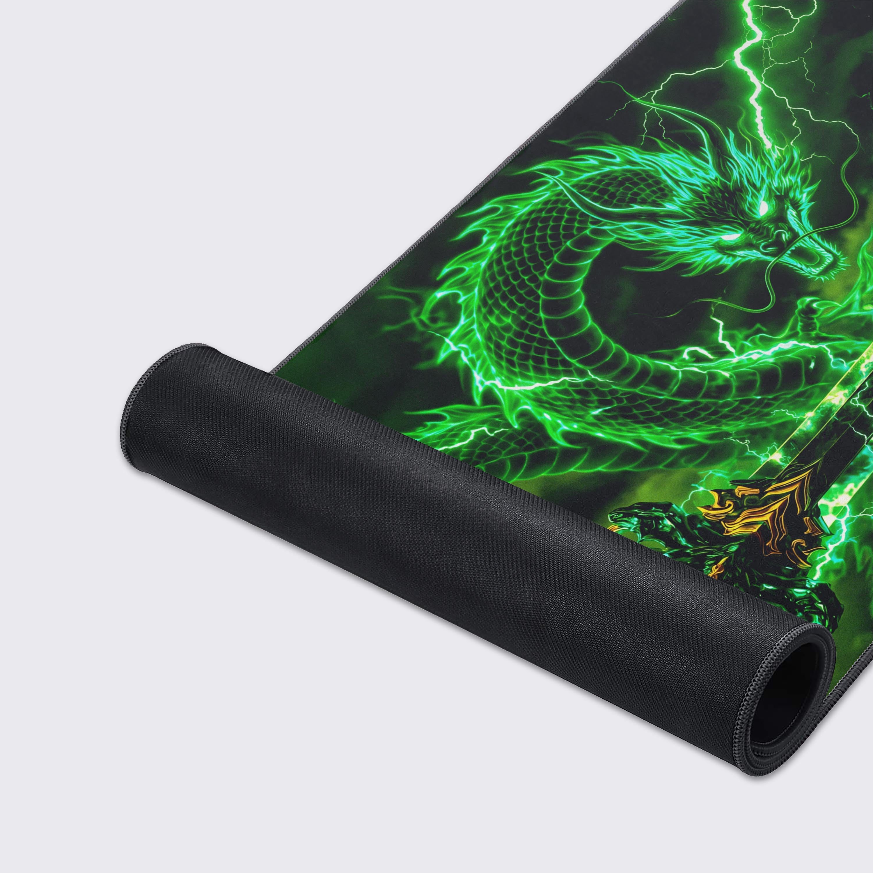 Dark stormy cloud background framing a bright green mythical dragon and glowing sword on a gaming mouse pad.