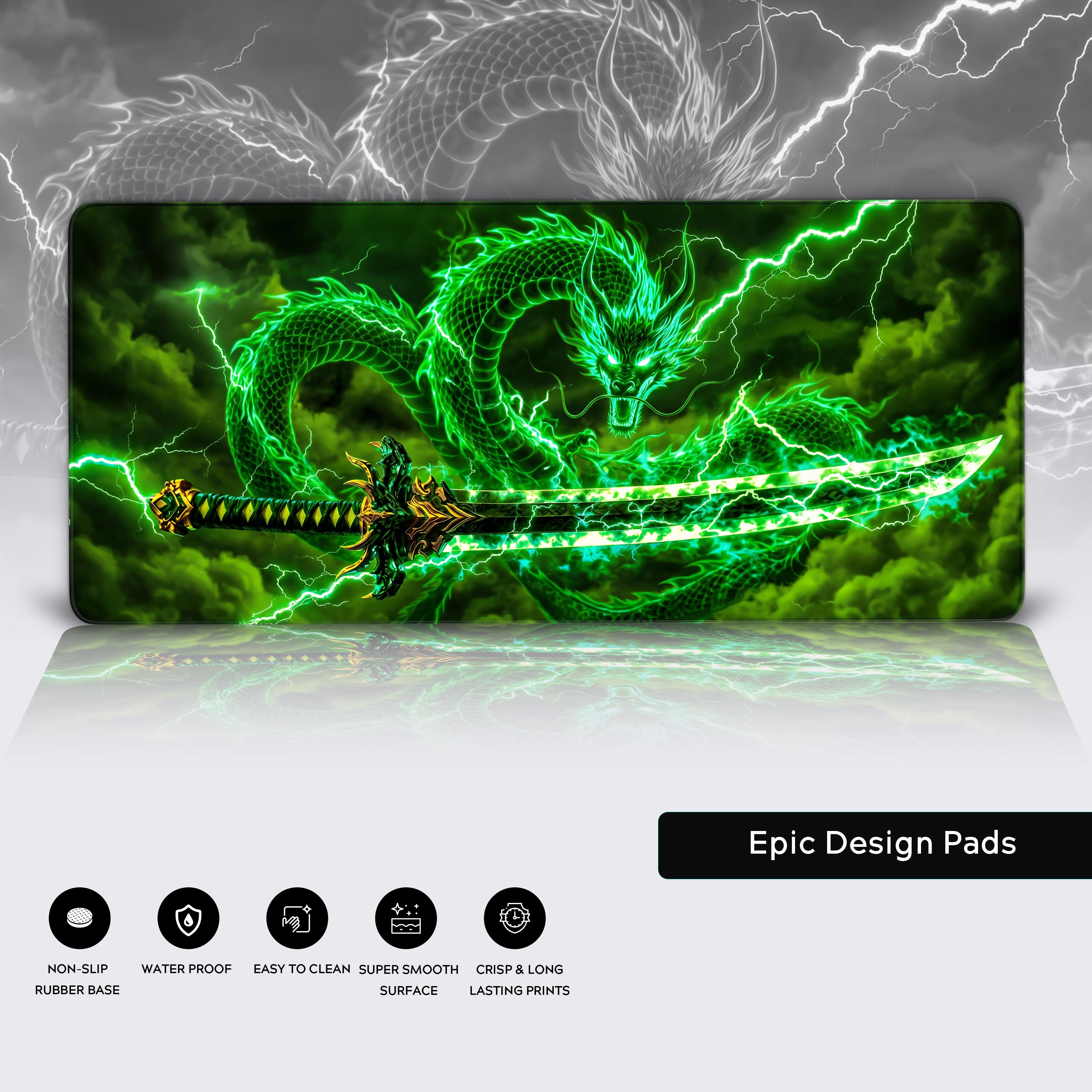 Flat view of the green lightning dragon desk mat showing the full fantasy illustration and vibrant energy effects.