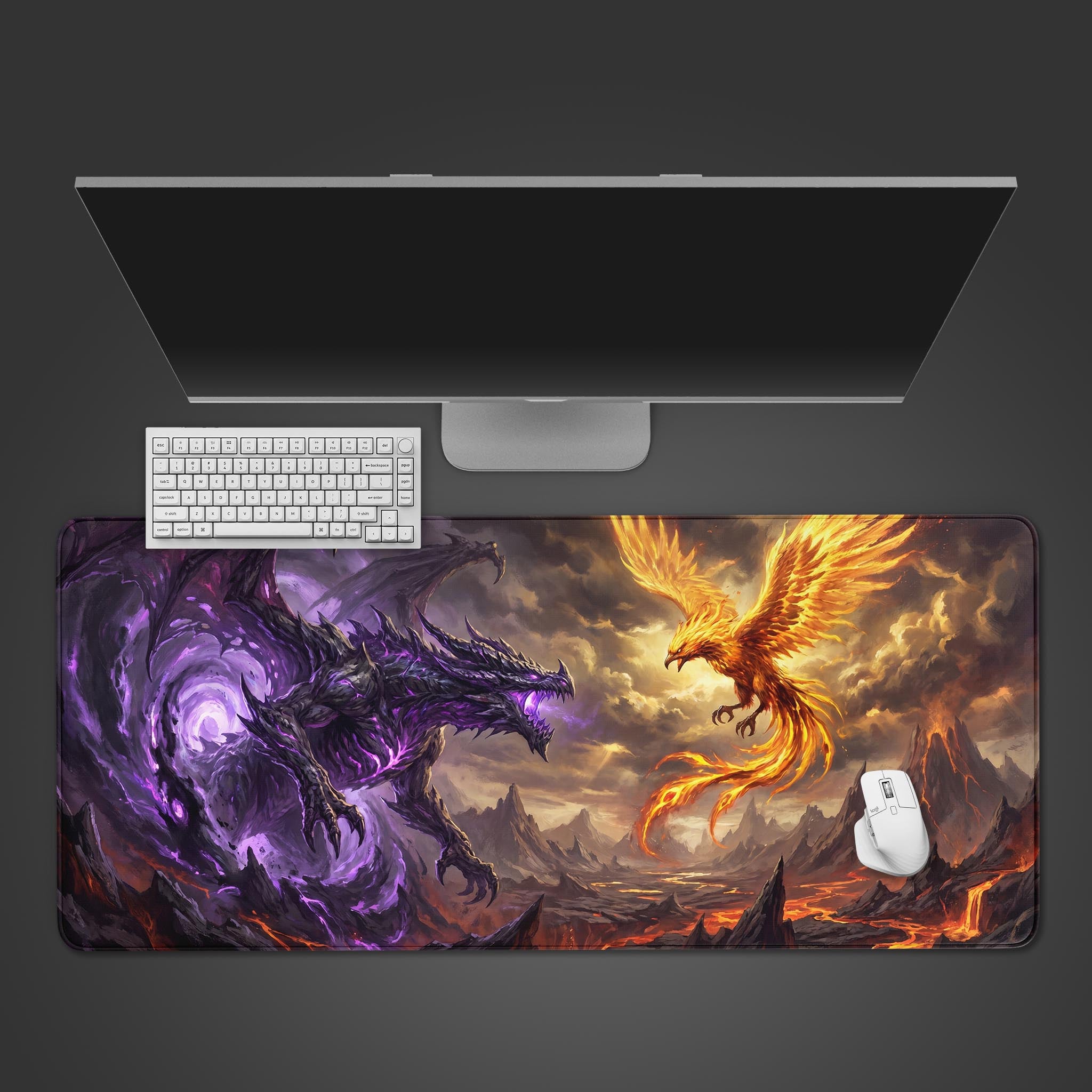 Large desk mat featuring an epic fantasy battle between a purple dark dragon and a fiery orange phoenix.