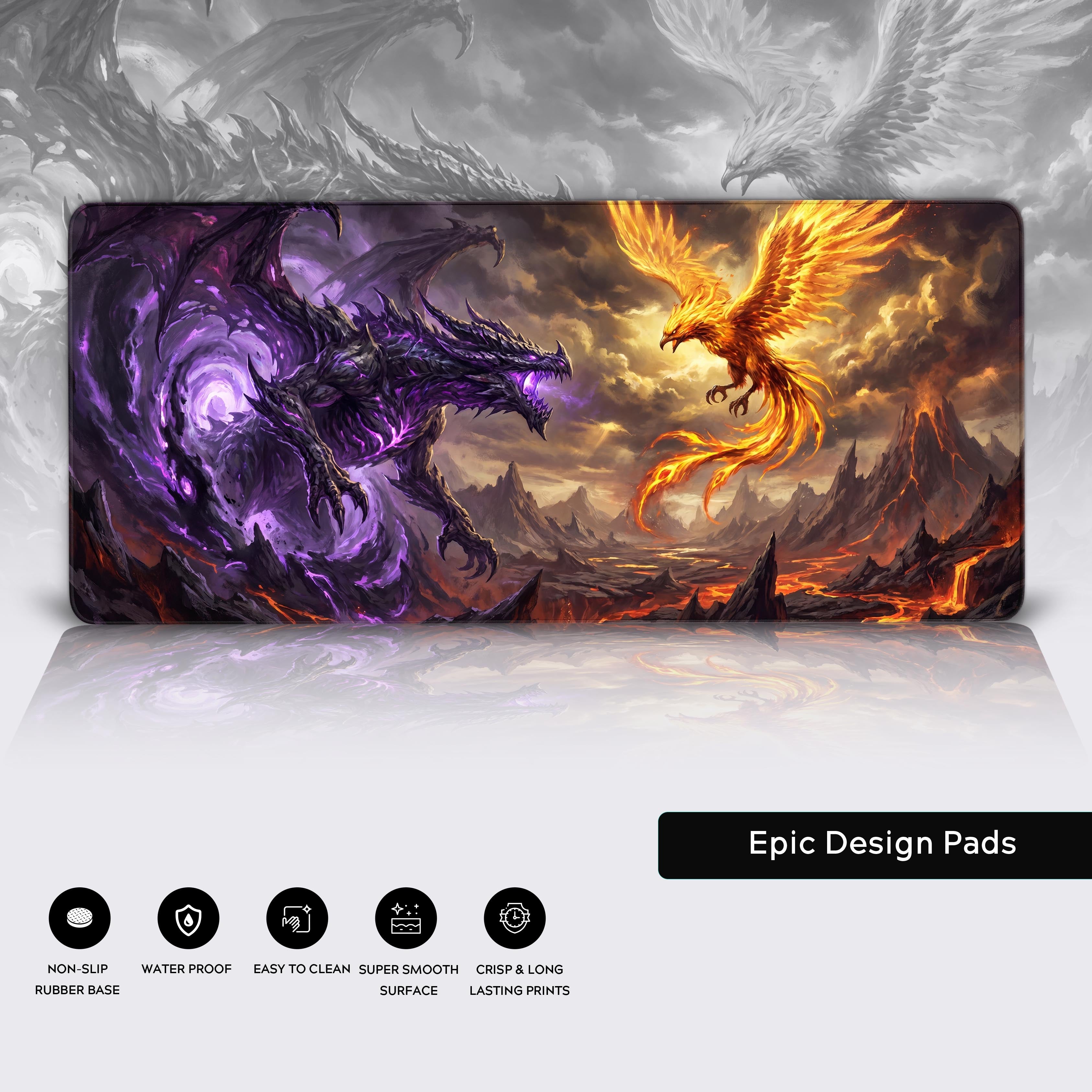 Non-slip rubber base of the epic fantasy dragon and phoenix mouse pad ensuring total stability.