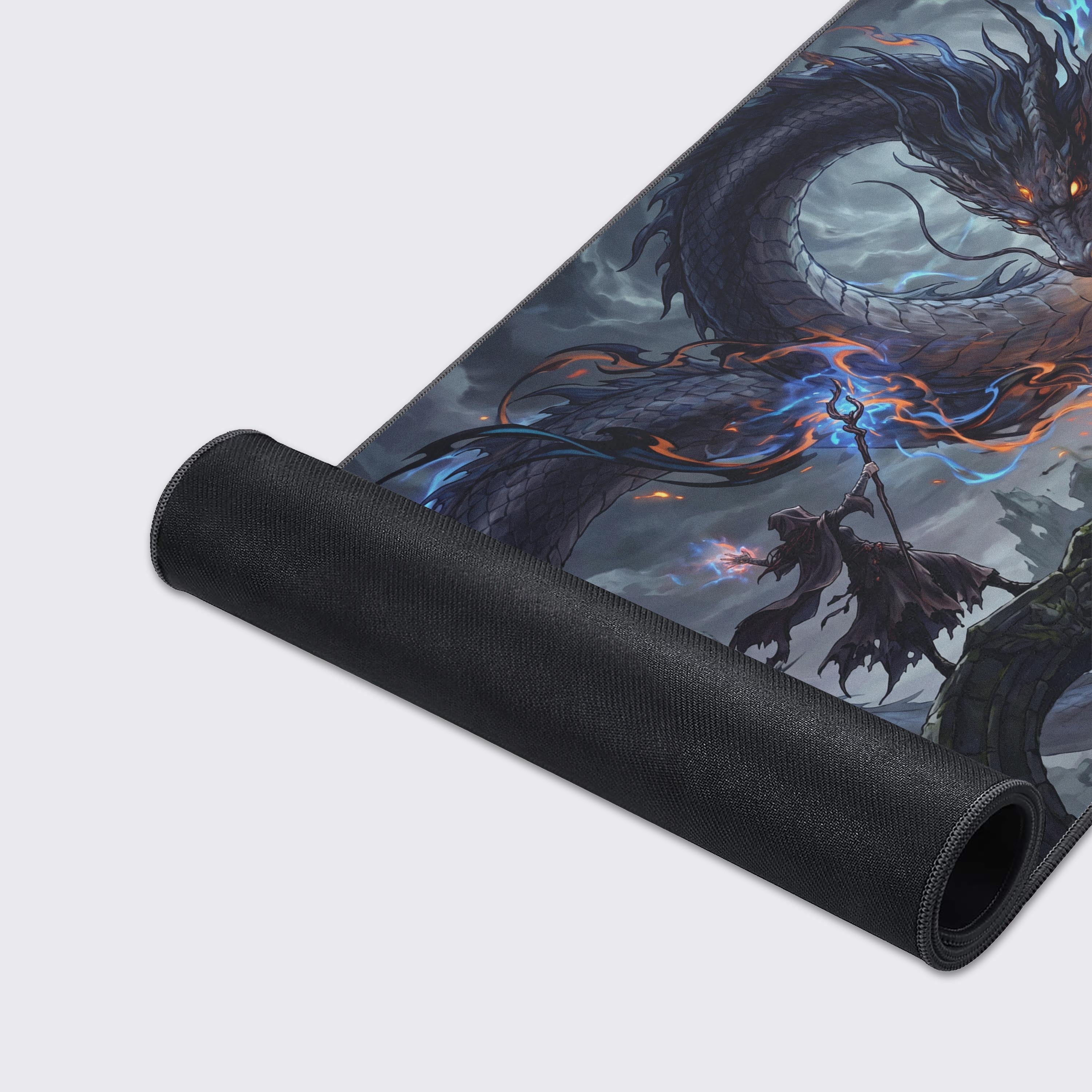 Detail showing the high-quality edge stitching and smooth glide surface of the fantasy desk mat.