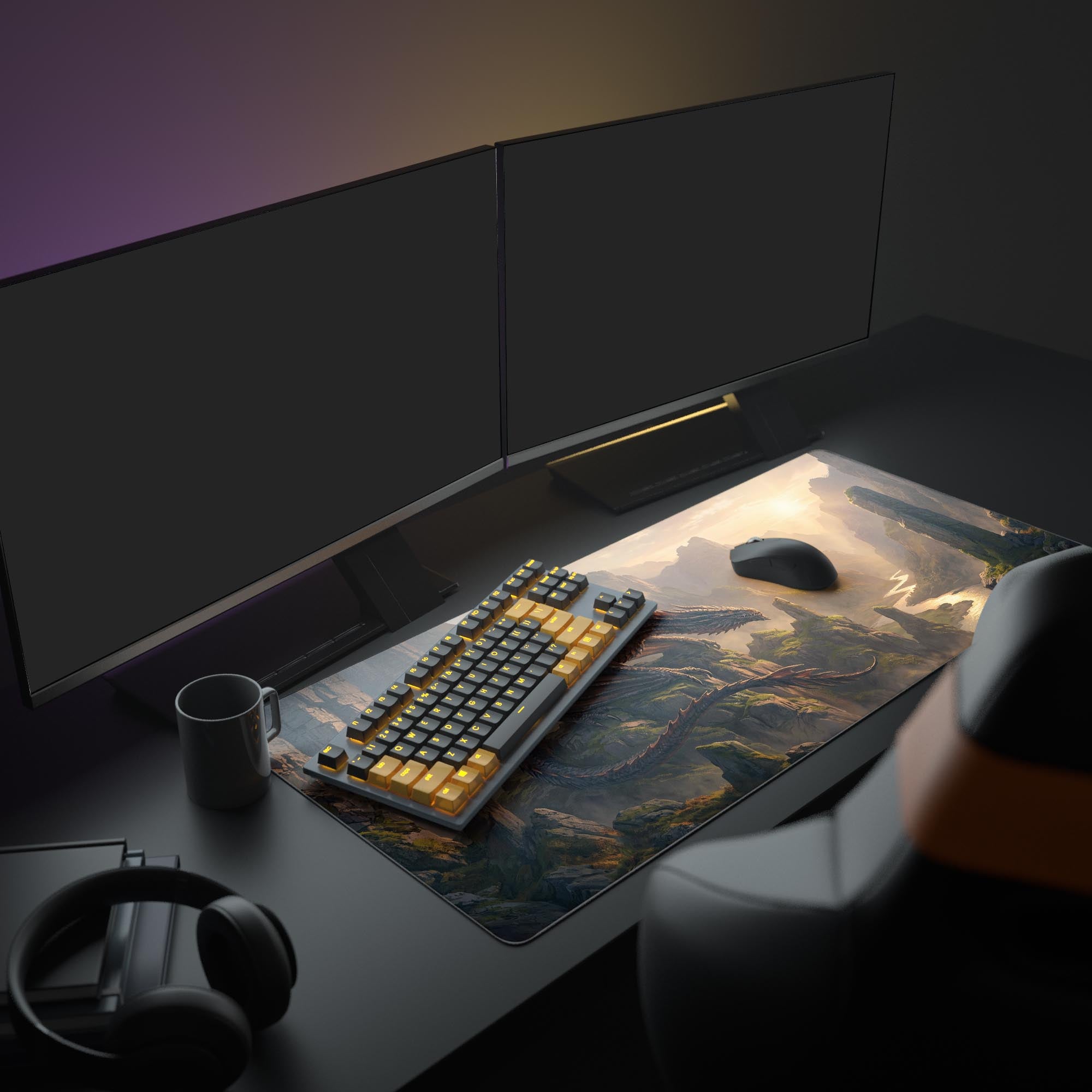 Detailed view of the high fantasy dragon artwork and glowing mountain valley on the large desk pad