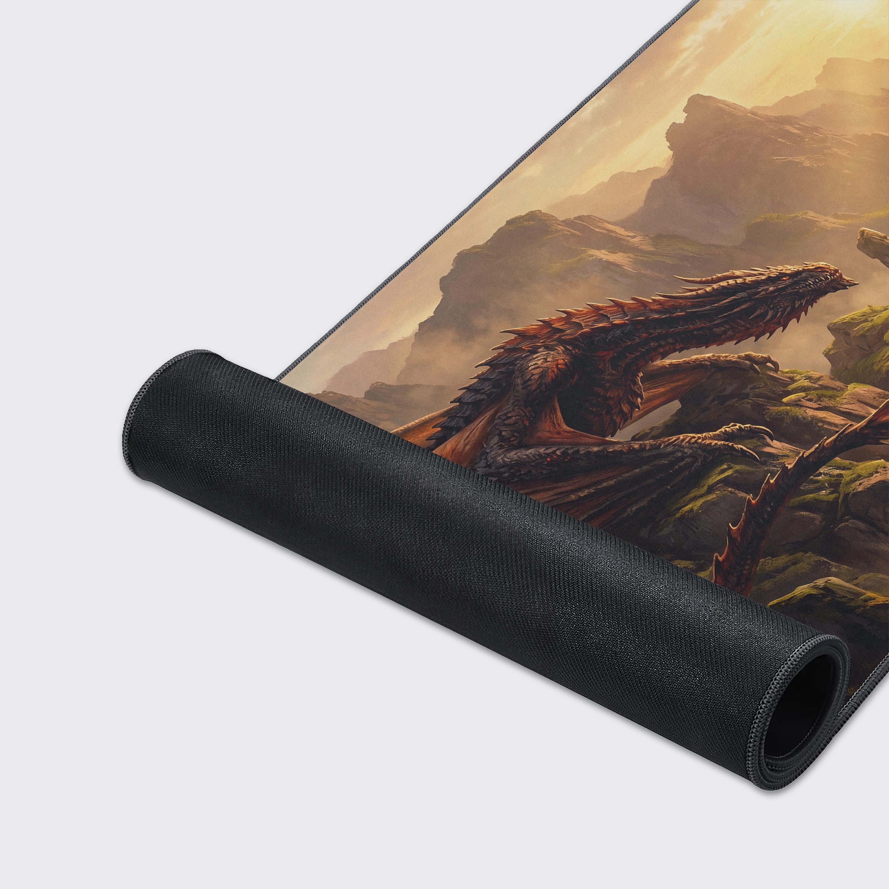 Feature icons highlighting the gaming mouse pad's non-slip rubber base, waterproof coating, and smooth surface