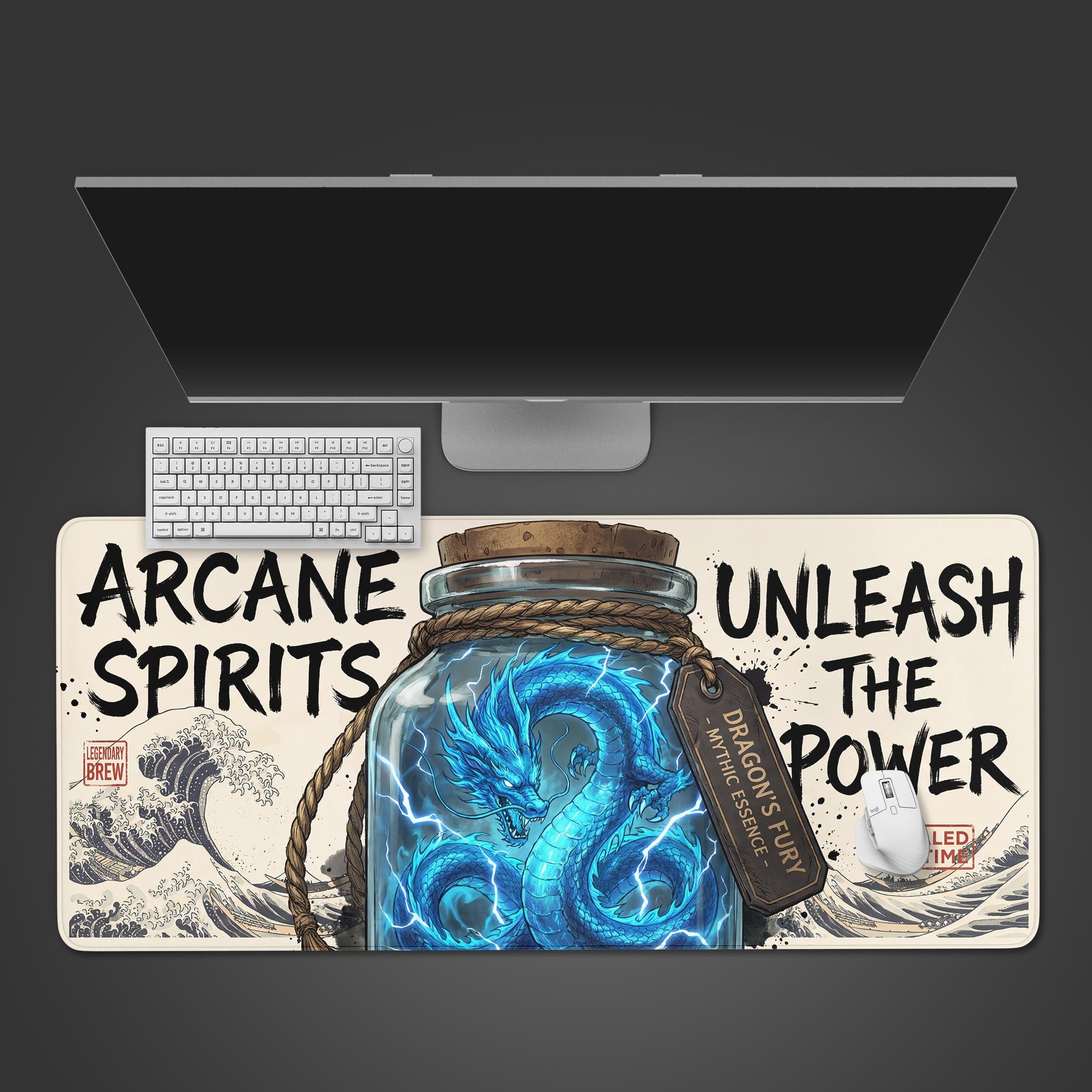 Top-down view of the Arcane Spirits gaming desk mat featuring a blue dragon in a jar, shown with a white keyboard and mouse on a clean desk. - Epic Design Pads & Mousepads