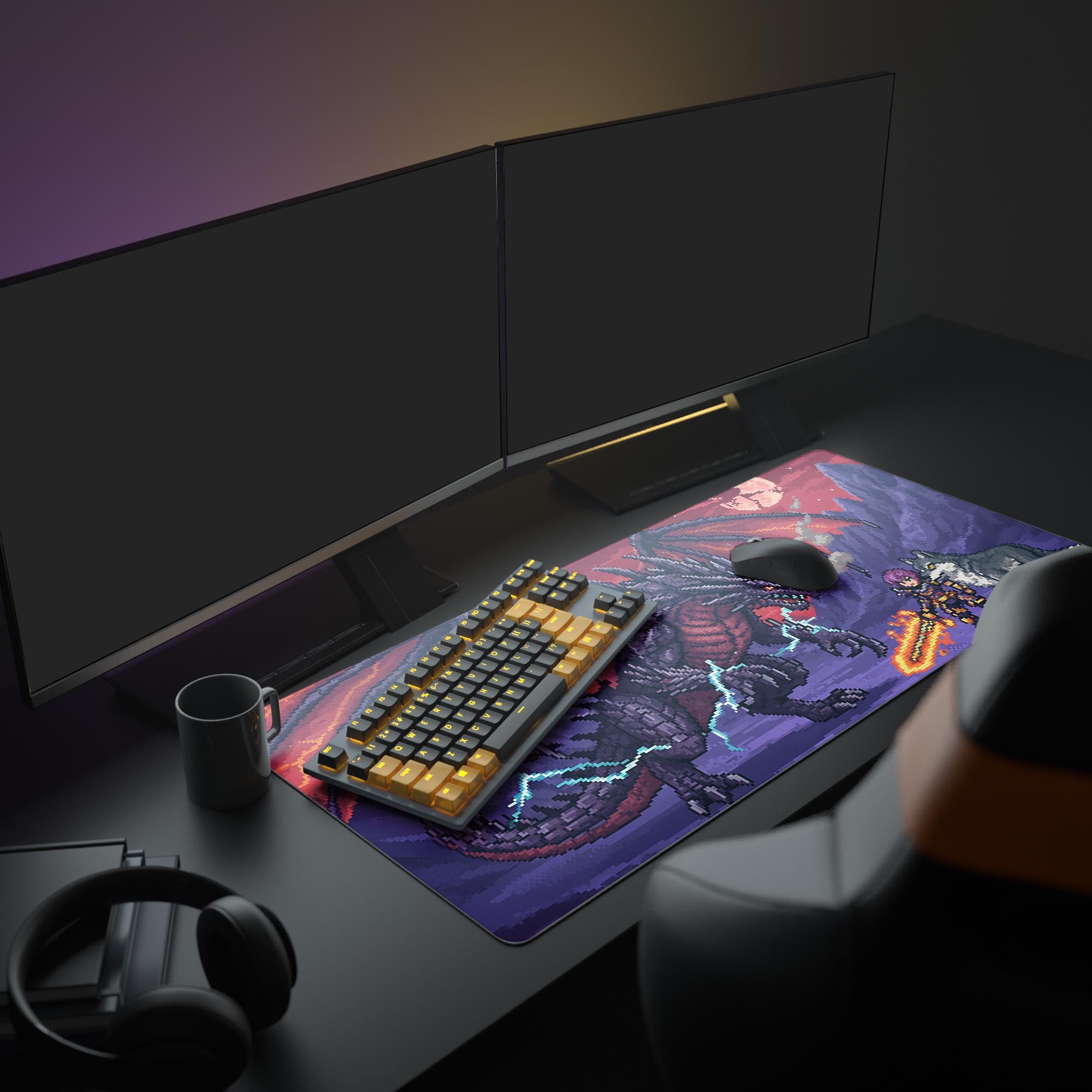 Large Dragon's Lair pixel art gaming desk mat shown in a full battle station setup with dual monitors and RGB lighting. - Epic Design Pads