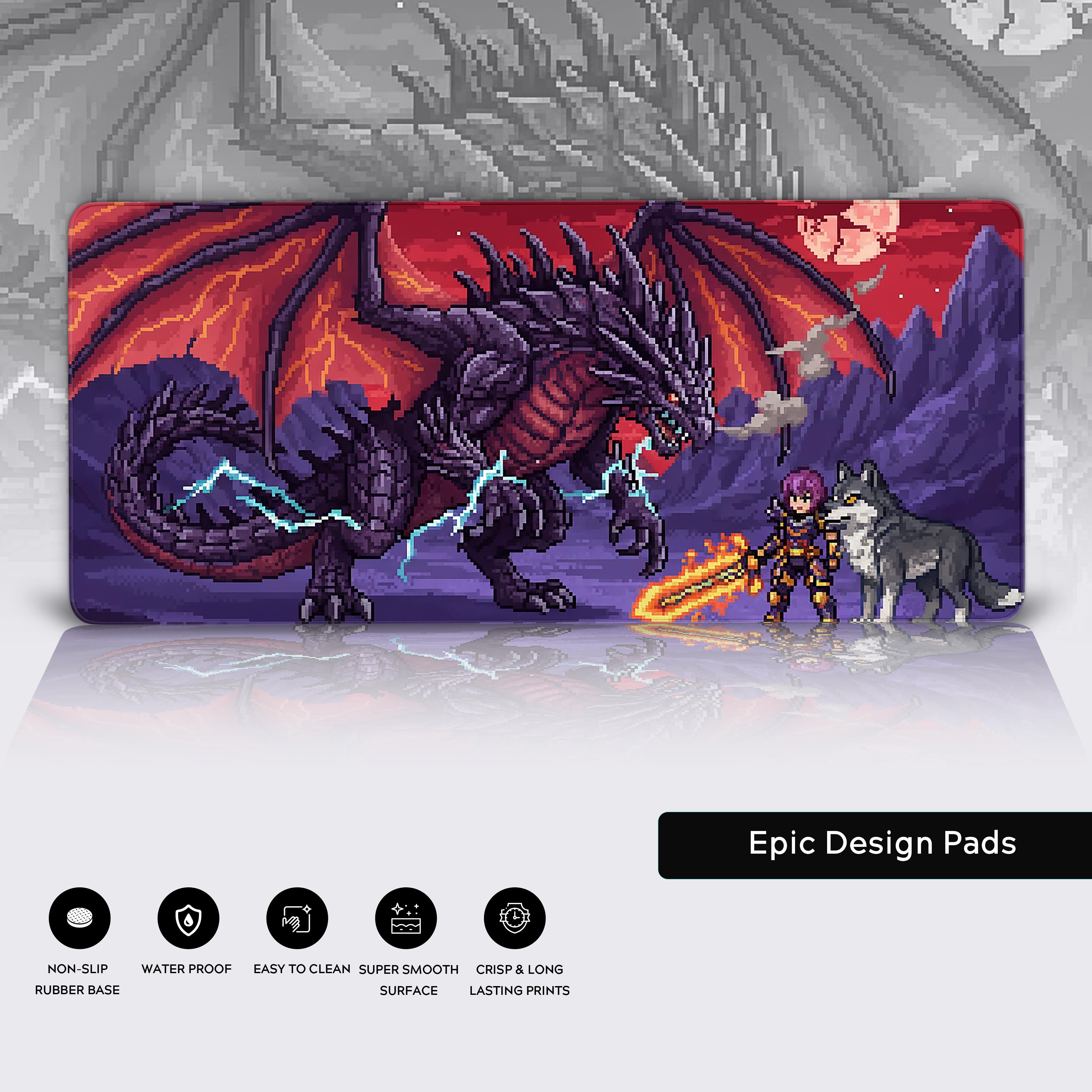 Close-up of the Dragon's Lair gaming desk mat showing the detailed 16-bit artwork, durable stitched edges, and non-slip rubber base. - Epic Design Pads