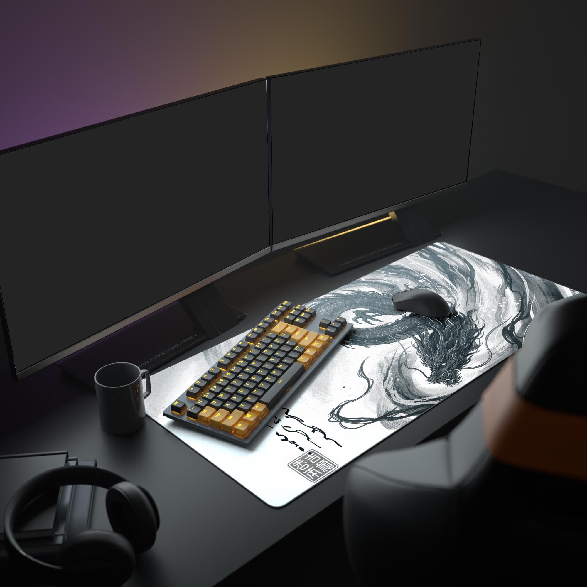 Dragon's Path gaming desk mat with sumi-e style black dragon artwork on a minimalist white background, featuring calligraphic brushstrokes and red seal, set up in a dual monitor workspace - Epic Design Pads & Mousepads