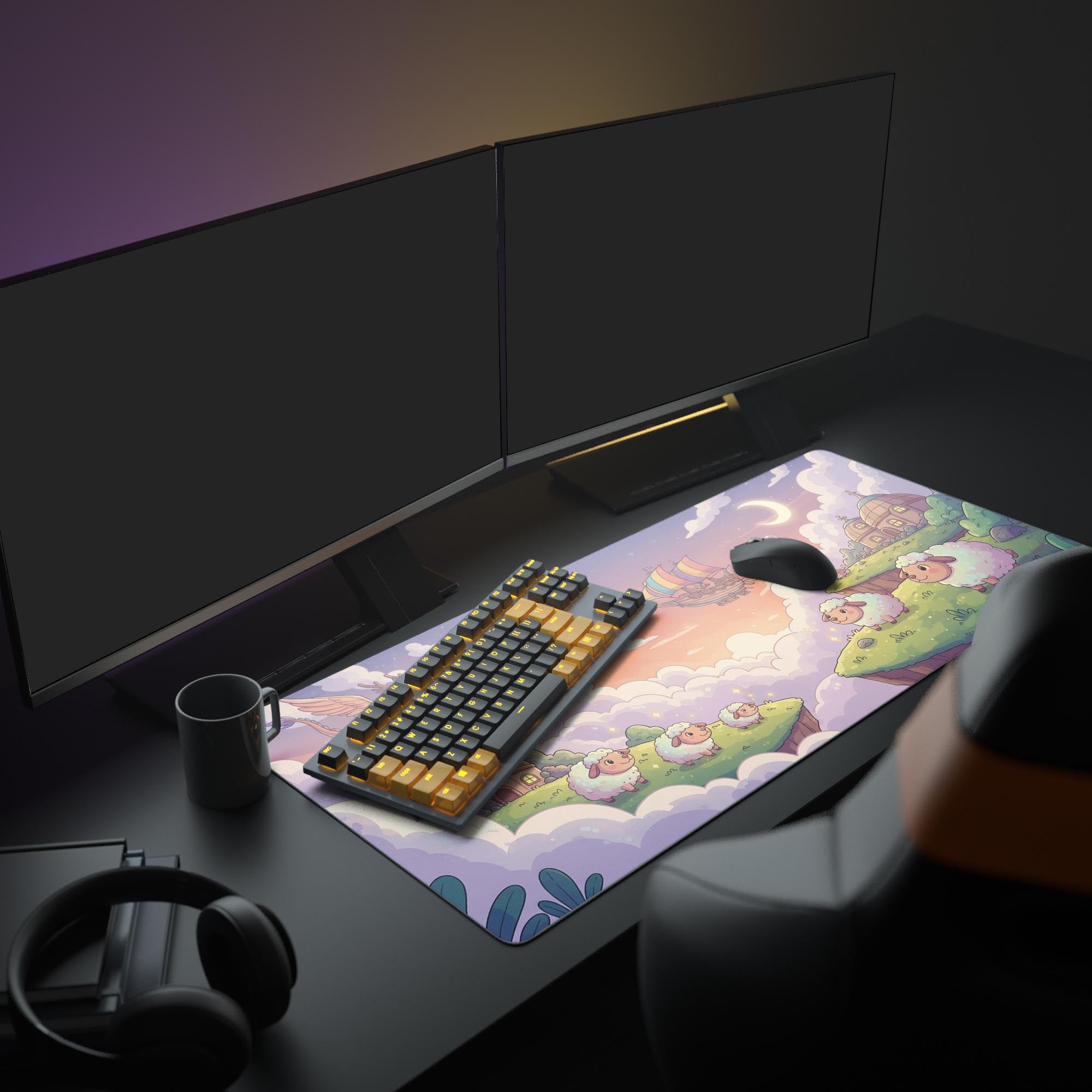 Large Dreamy Sky desk mat in whimsical workspace – shown with keyboard, mouse, and monitors. - Epic Design Pads