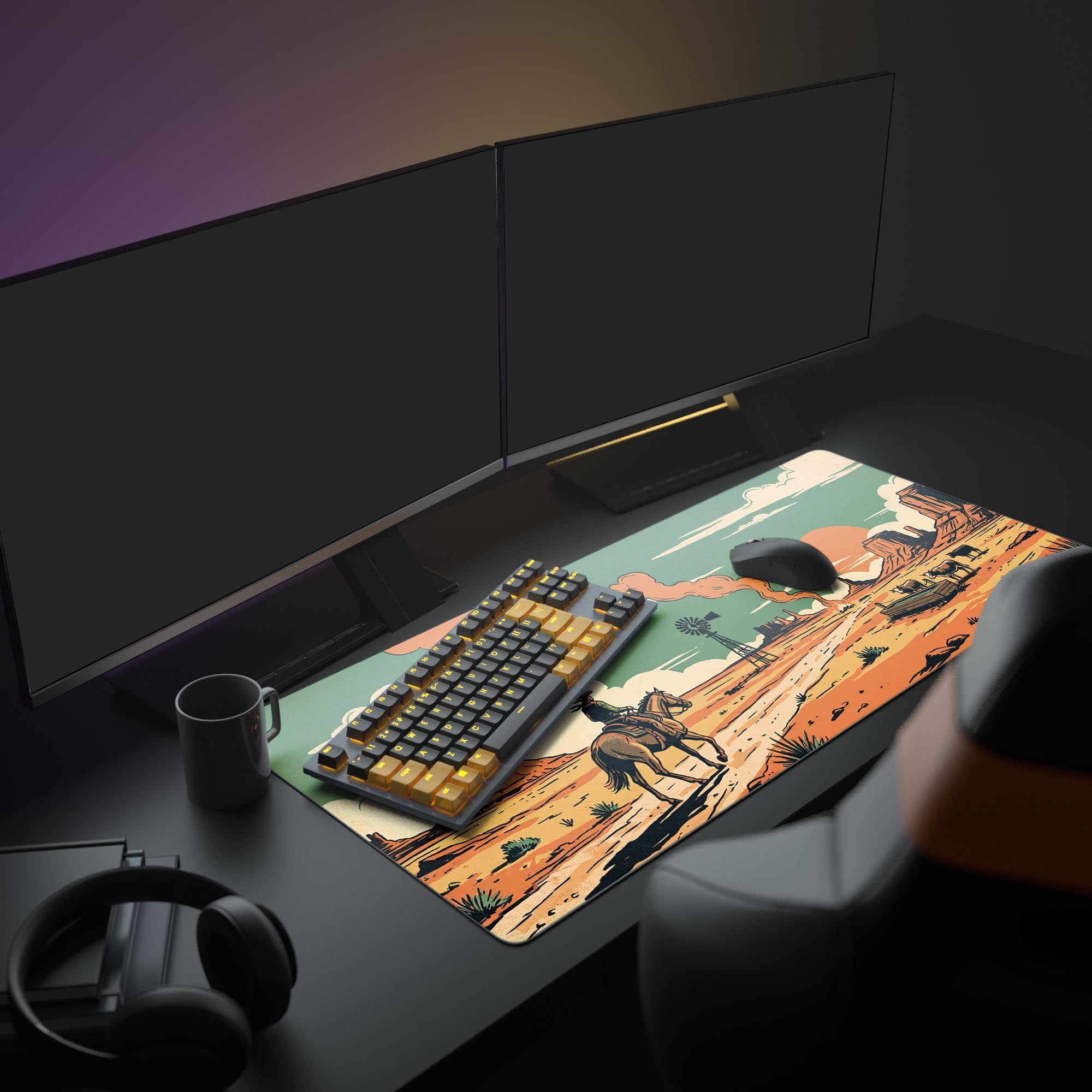 A full PC setup featuring the Dust & Glory landscape mouse pad, creating a stoic western aesthetic for a focused gaming or work environment. - Epic Design Pads & Mousepads