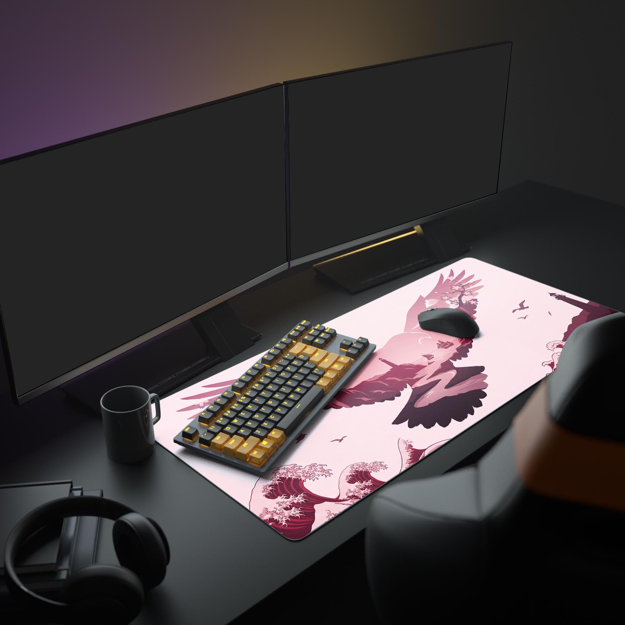 Close-up view highlighting the detailed cherry blossoms and ships inside the eagle design on the pink mouse pad