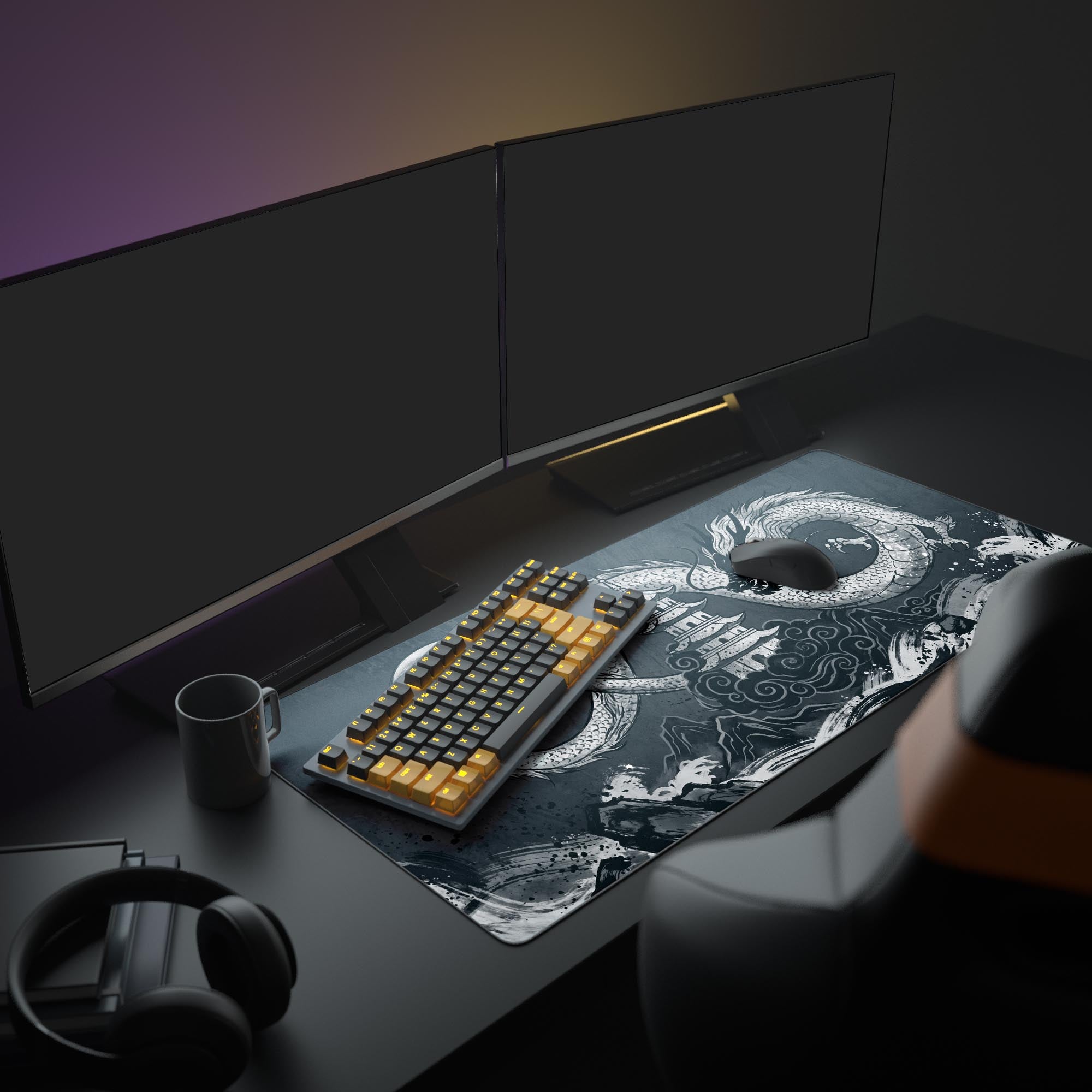 Detailed monochrome illustration of an Asian dragon, waves, and full moon on a gaming mouse pad