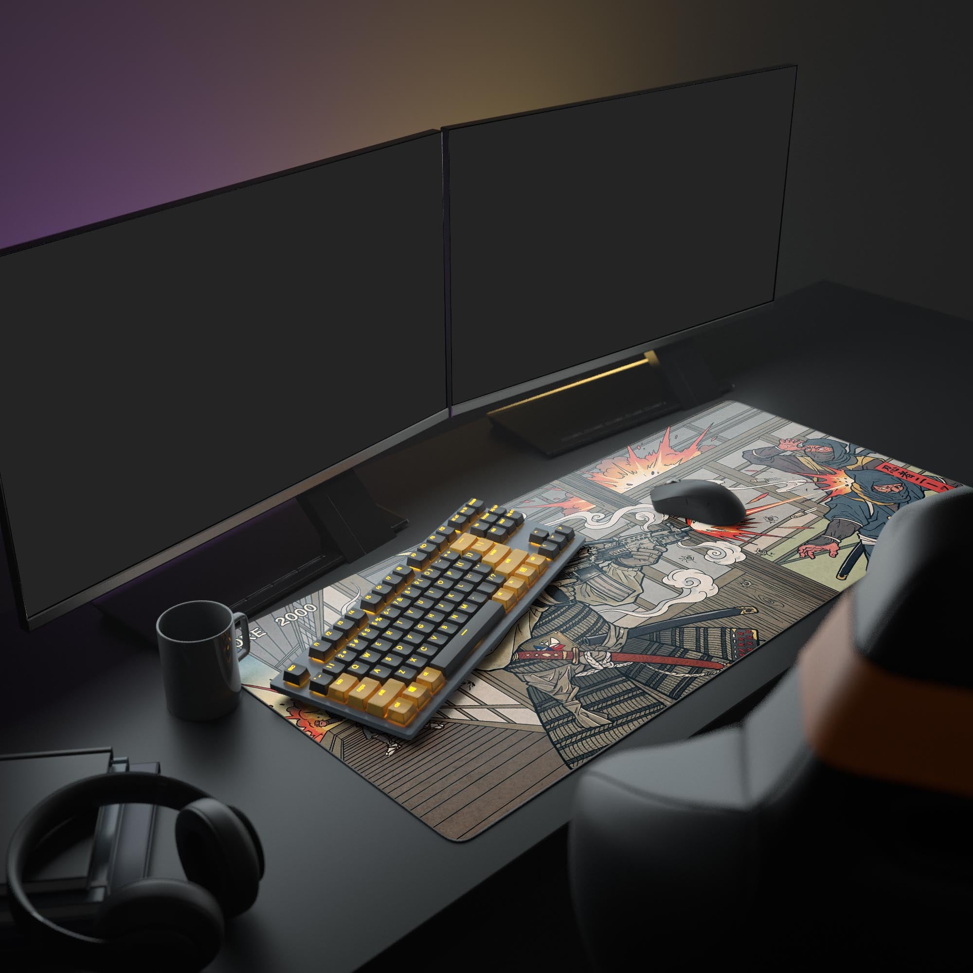 Large Japanese samurai gaming desk mat in a complete battlestation setup with dual monitors, a mechanical keyboard, and headphones. - Epic Design Pads & Mousepads
