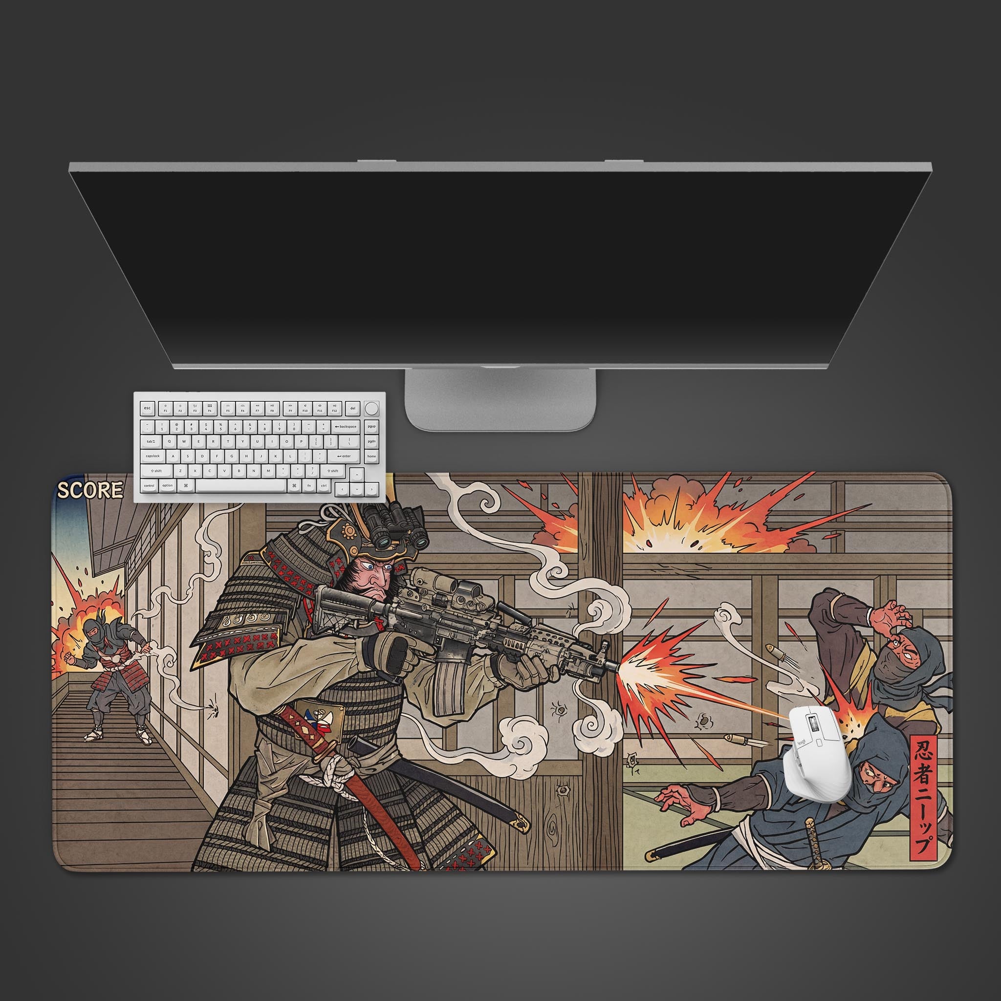 Edo FPS gaming desk mat featuring a Japanese samurai with a rifle. Top-down desktop view with a black keyboard and gaming mouse. - Epic Design Pads & Mousepads