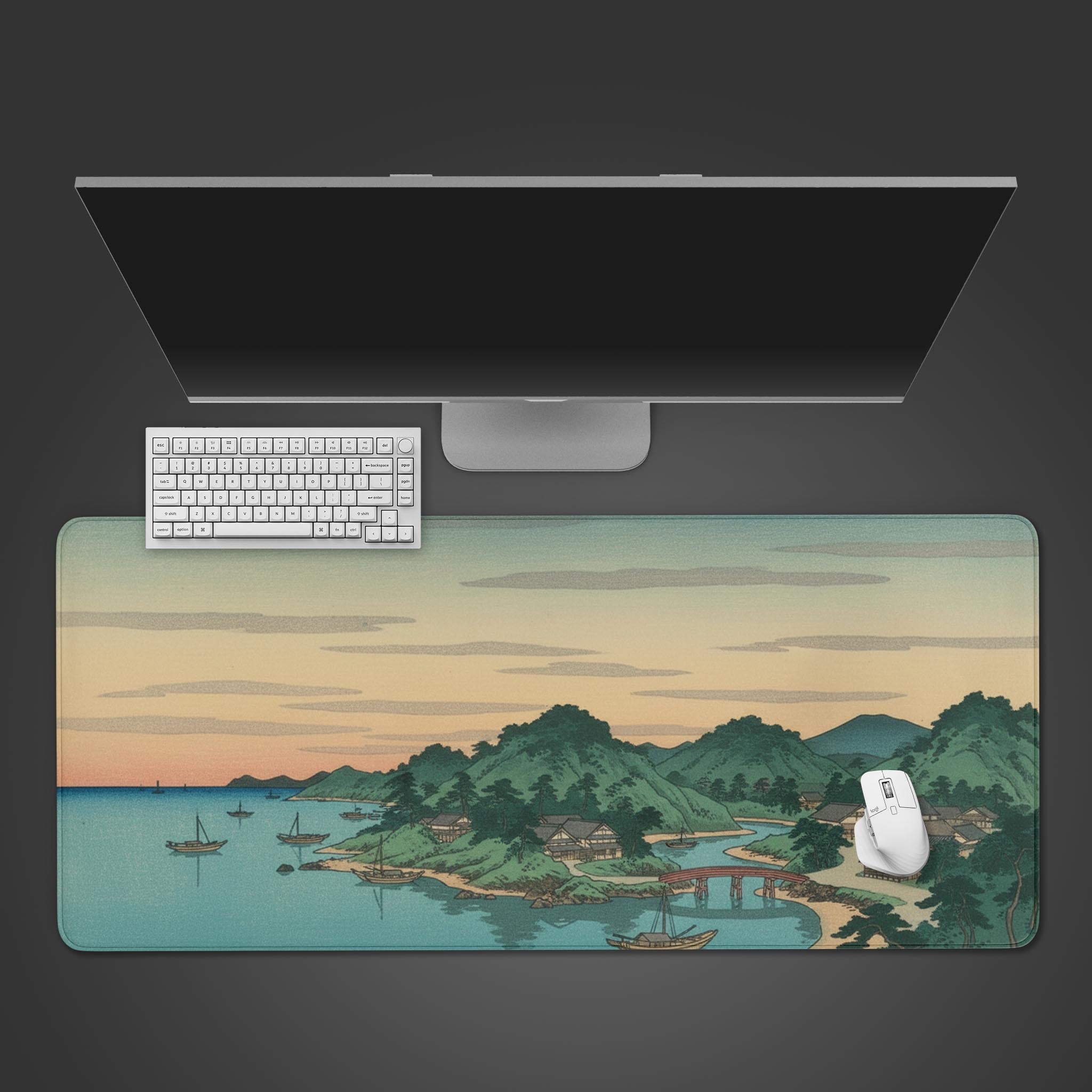 Edo Harbor Ukiyo-e desk mat showing serene coastal village – top-down view on a desk with a white keyboard and mouse. - Epic Design Pads
