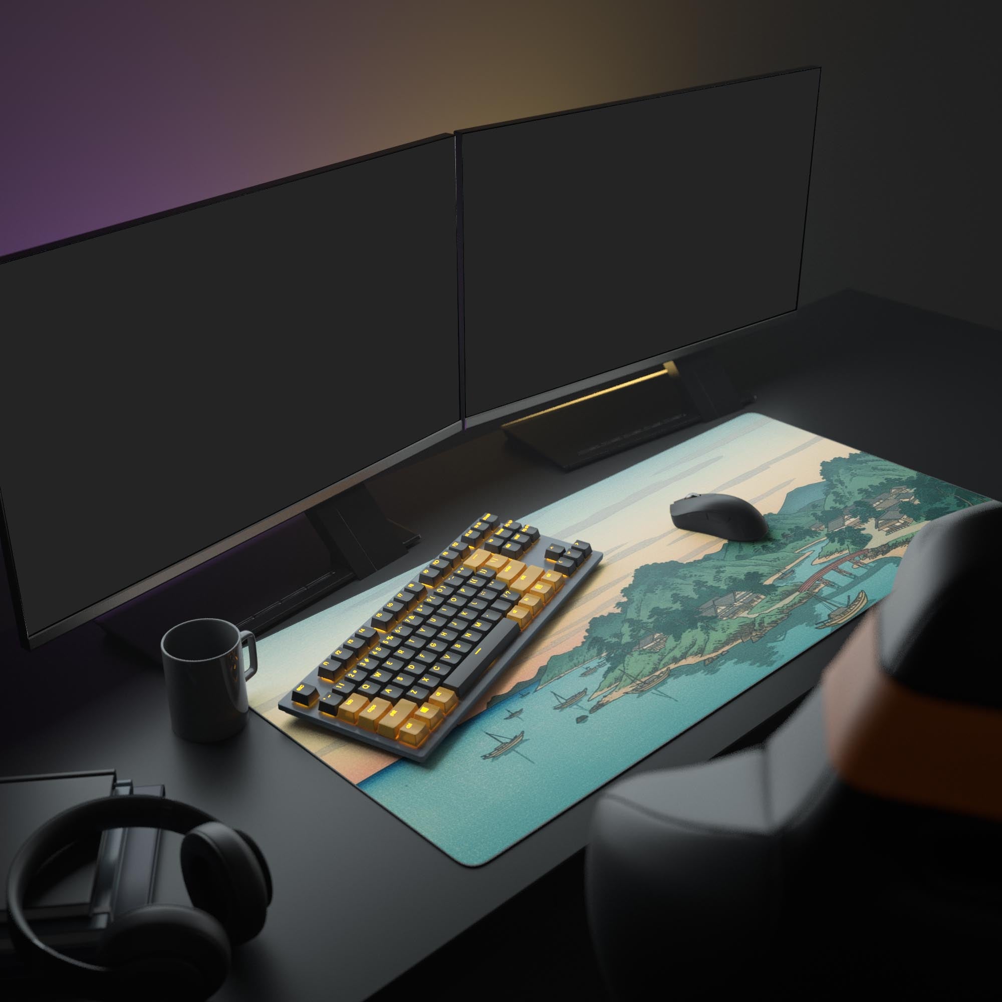 Large Edo Harbor Ukiyo-e desk mat in a minimalist desk setup with dual monitors, headphones, and a mechanical keyboard. - Epic Design Pads