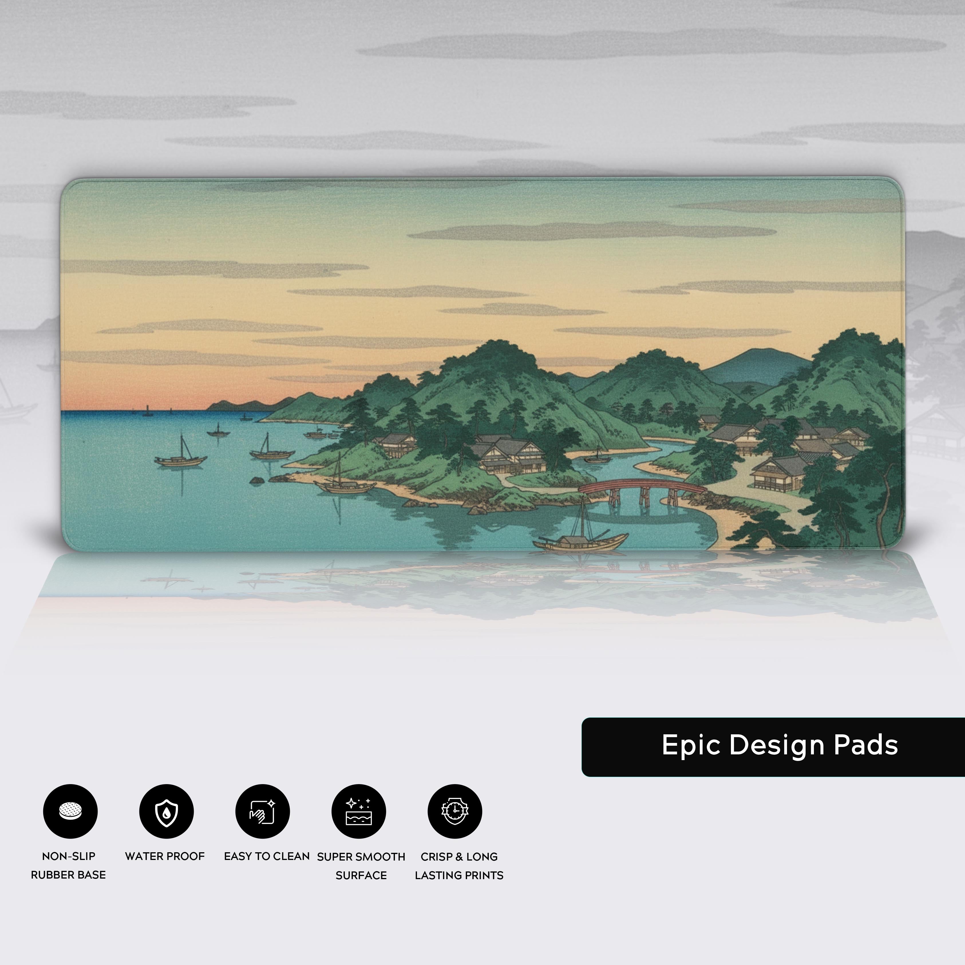 Edo Harbor Ukiyo-e desk mat showcasing its smooth surface, stitched edges, and non-slip rubber base for optimal mouse control. - Epic Design Pads