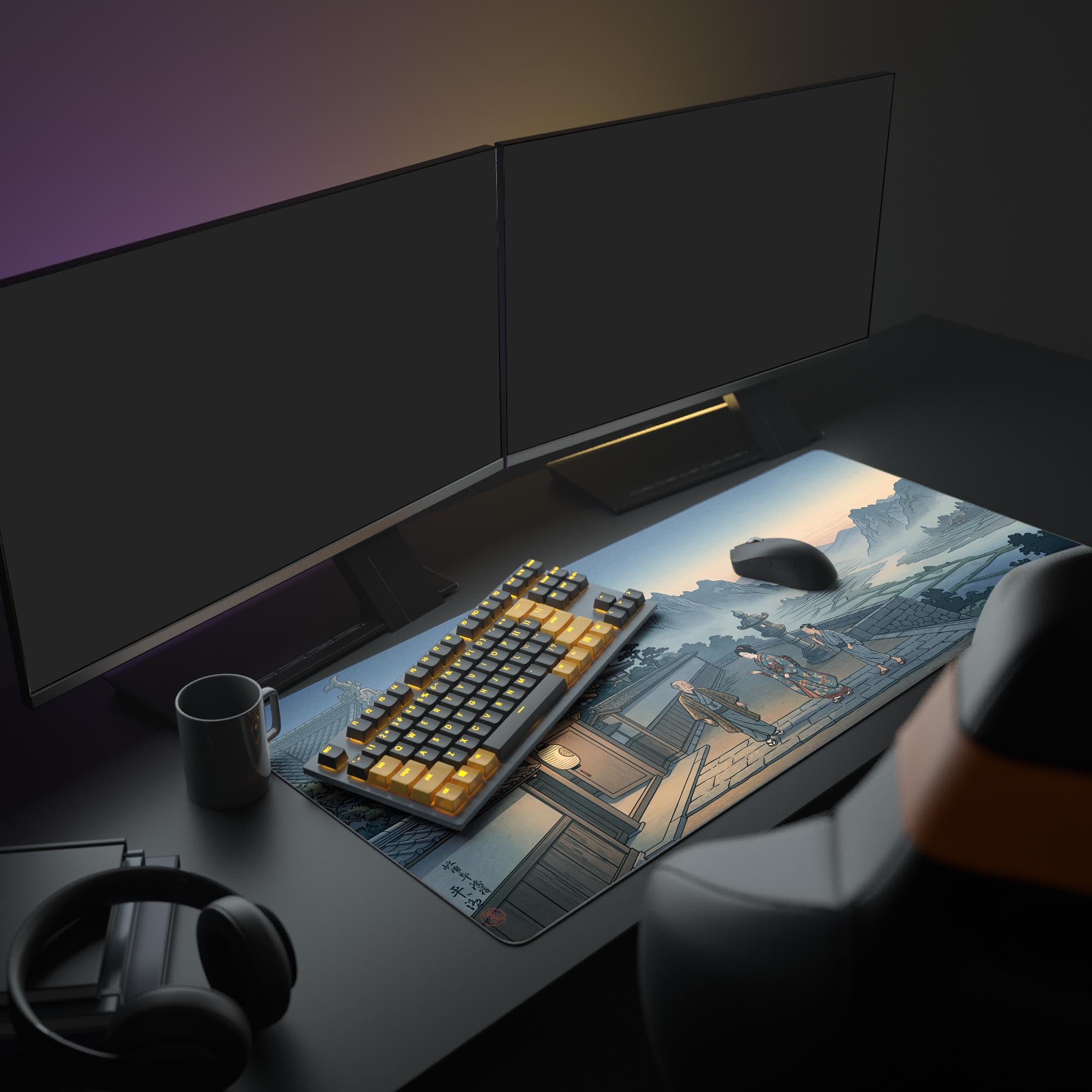 A serene desk setup showcasing the Edo Morning mouse pad, which displays a tranquil Ukiyo-e scene beneath a monitor, creating a peaceful workspace aesthetic. - Epic Design Pads & Mousepads